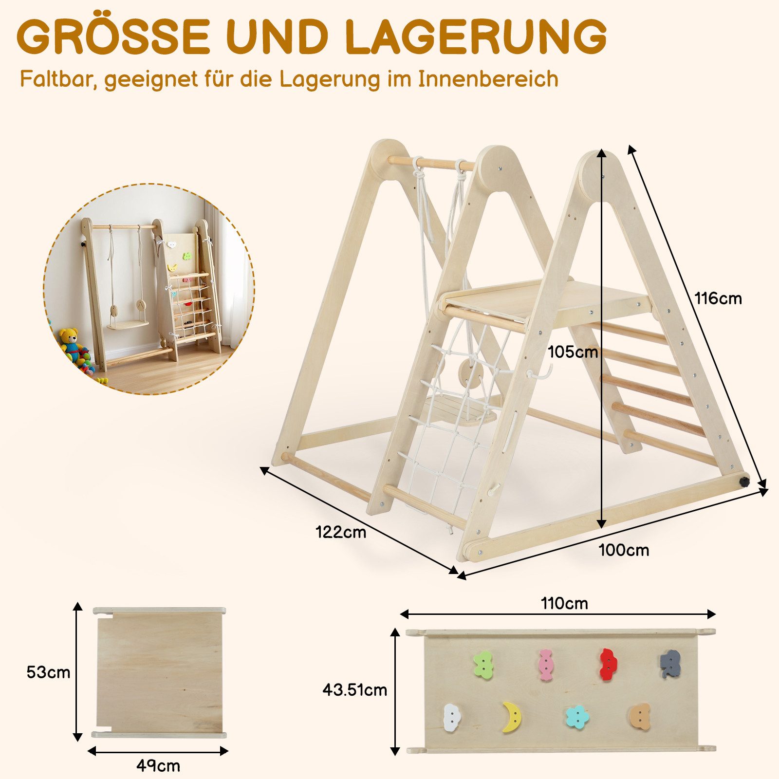 LALAHO Klettergerüst 7-in-1 Kletterdreieck Kletterwand mit Rutschbahn, Schaukel, Leiter, Kletternetz und Ringe, Indoor-Spielplatz Spielset