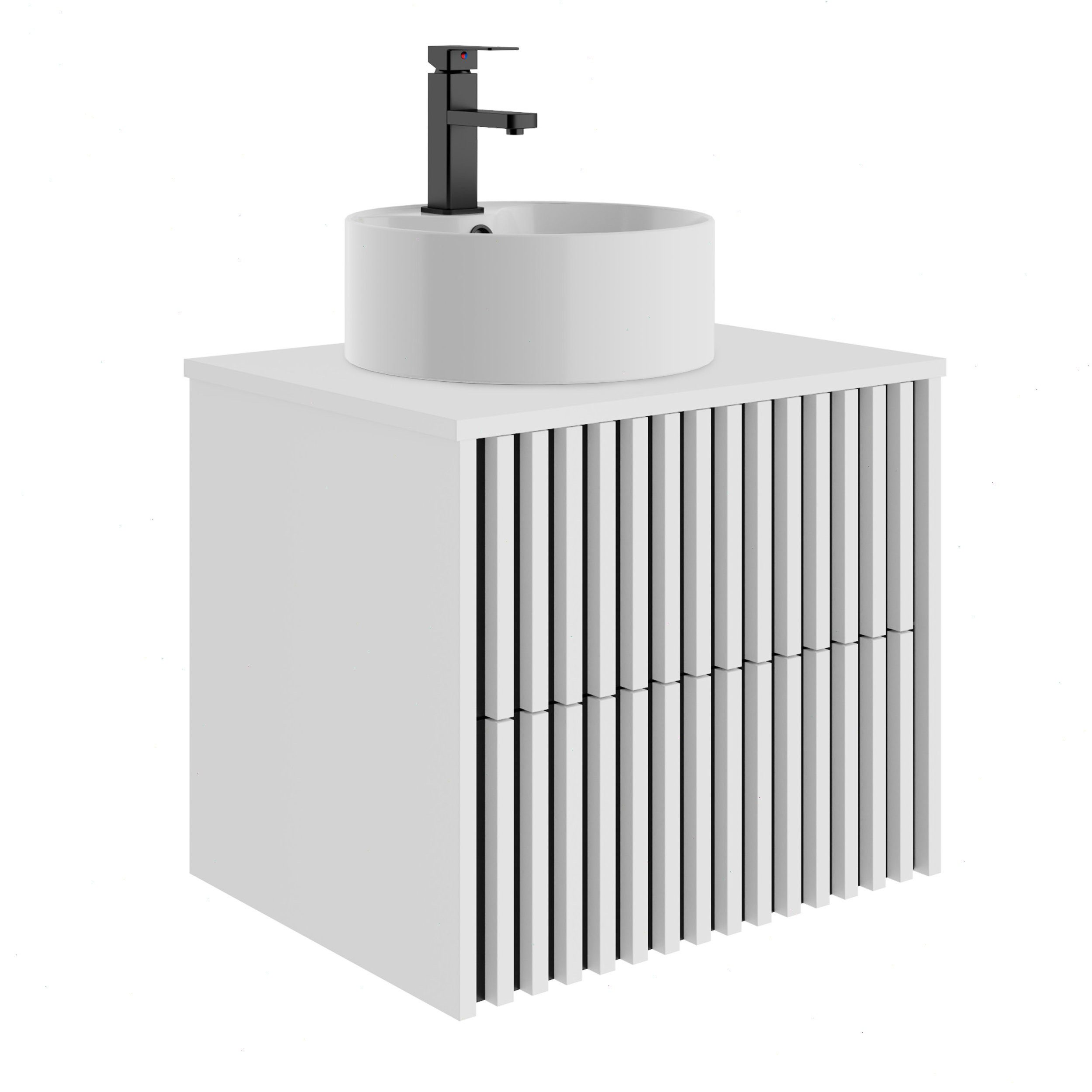 UEV Waschtisch mit Unterschrank hängend Rundes Keramikwaschbecken (Komplett-Set Badmöbel, Badezimmmer Schrank, mit Wasserhahn und Pop-up-Ablassventil Aufsatz-Waschbecken), Soft-close Schubladen,Waschbeckenunterschrank mit 2 Schubladen