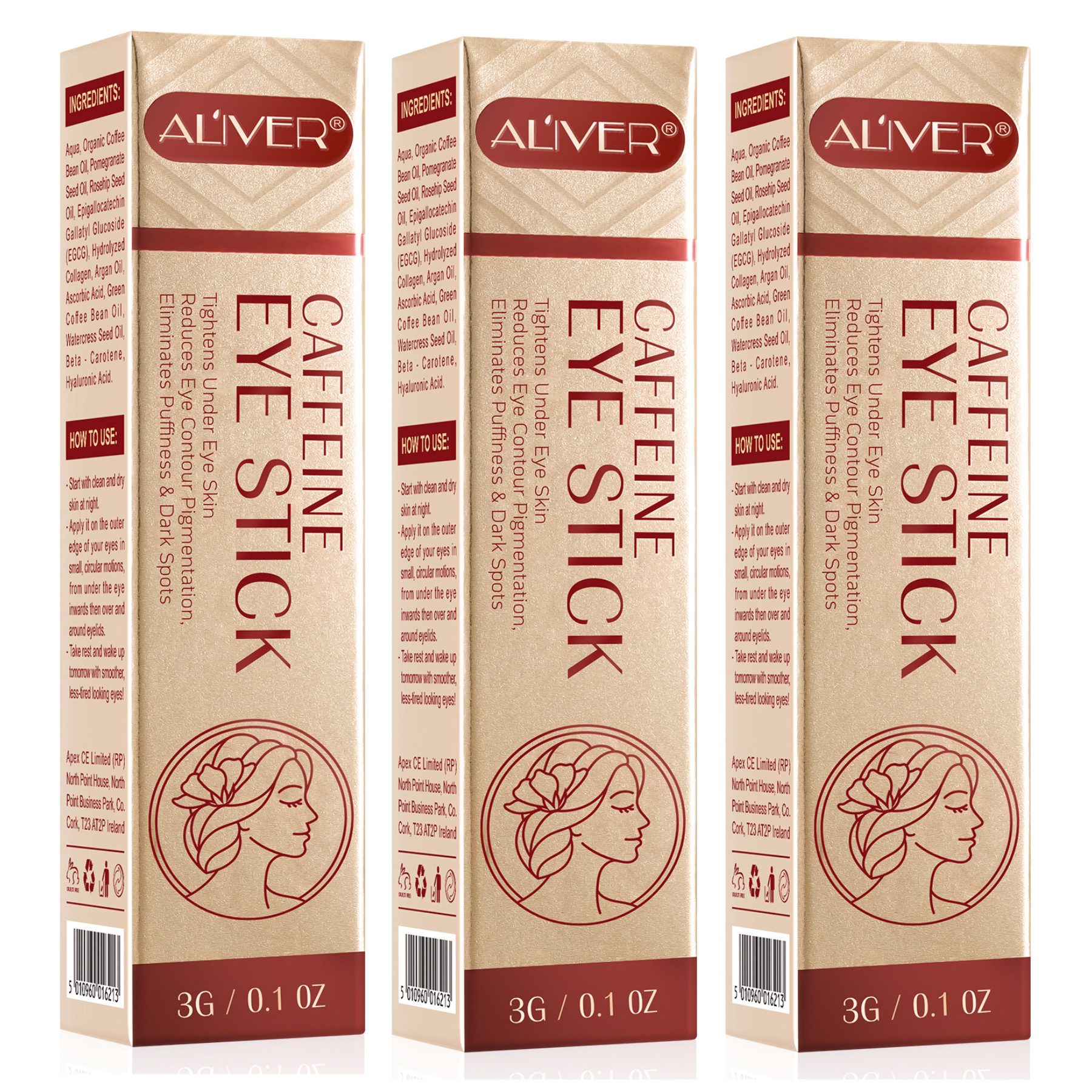 ALIVER Anti-Aging-Augencreme Augenstift Augenringe mit Kollagen Hyaluronsäure Koffein, 3-tlg., Augencreme