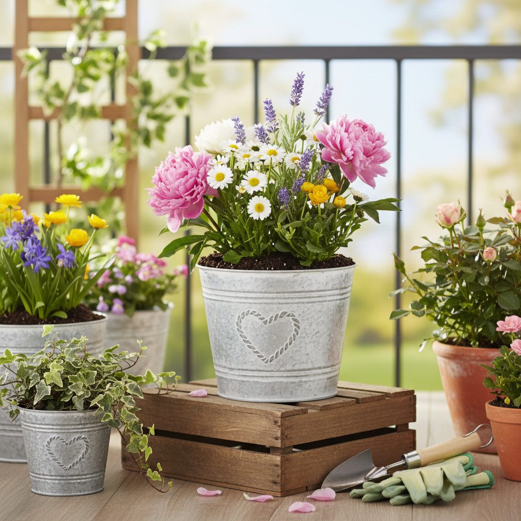 Florists Products Übertopf Blumentopf Deko Metall Herzprägung Shabby Chic Stil