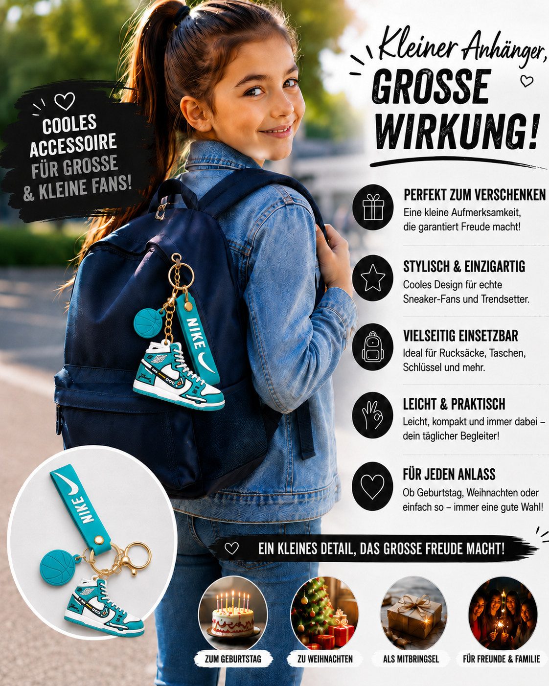 soma Schlüsselanhänger Sneaker-Rucksackanhänger Bag 6cm Basketball & Karabiner grün türkis (Set, 1-tlg., Geschenk-Set), Sportlicher Sneaker-Anhänger mit Basketball und Karabiner