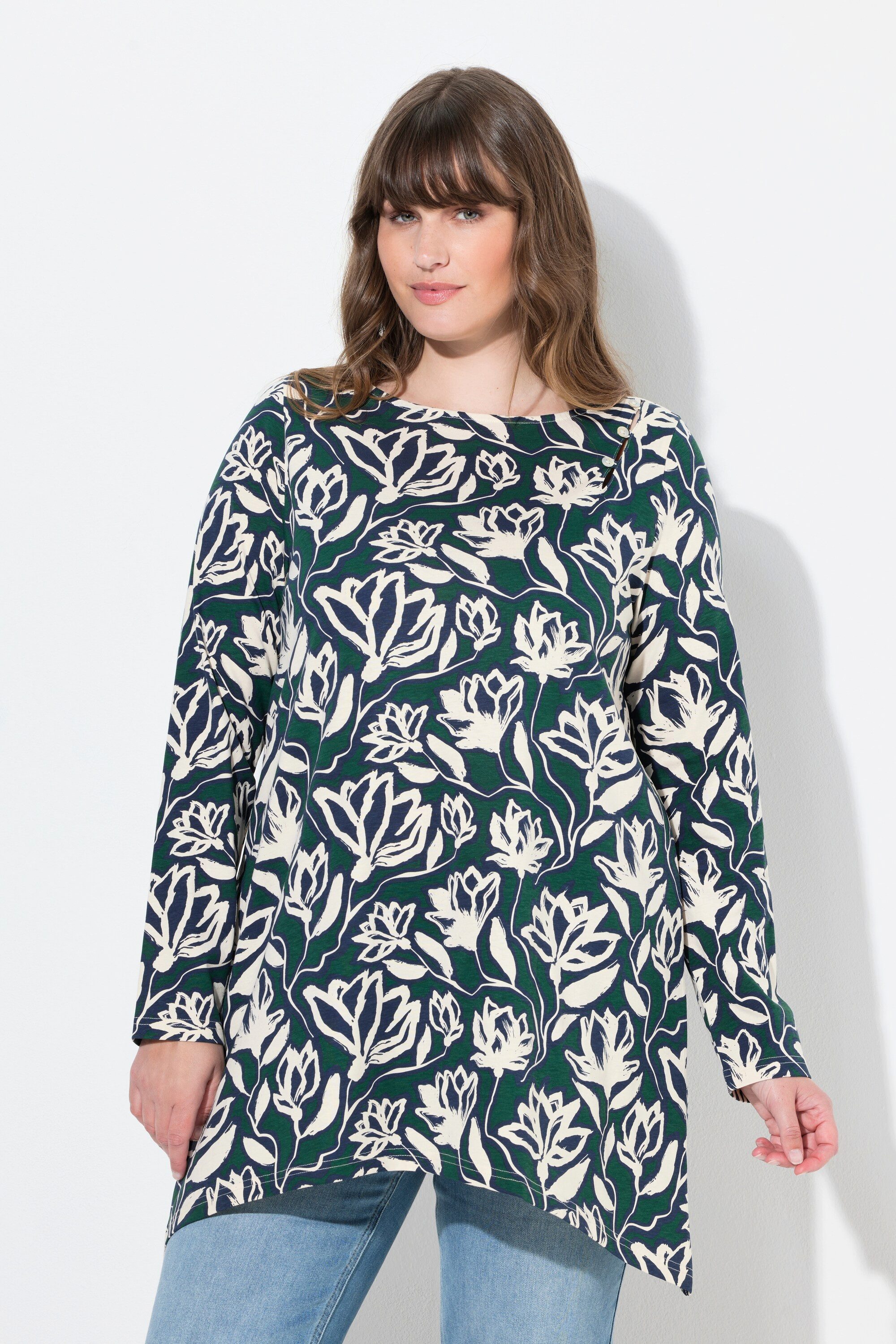 Longshirt Shirt A-Linie U-Boot-Ausschnitt Langarm