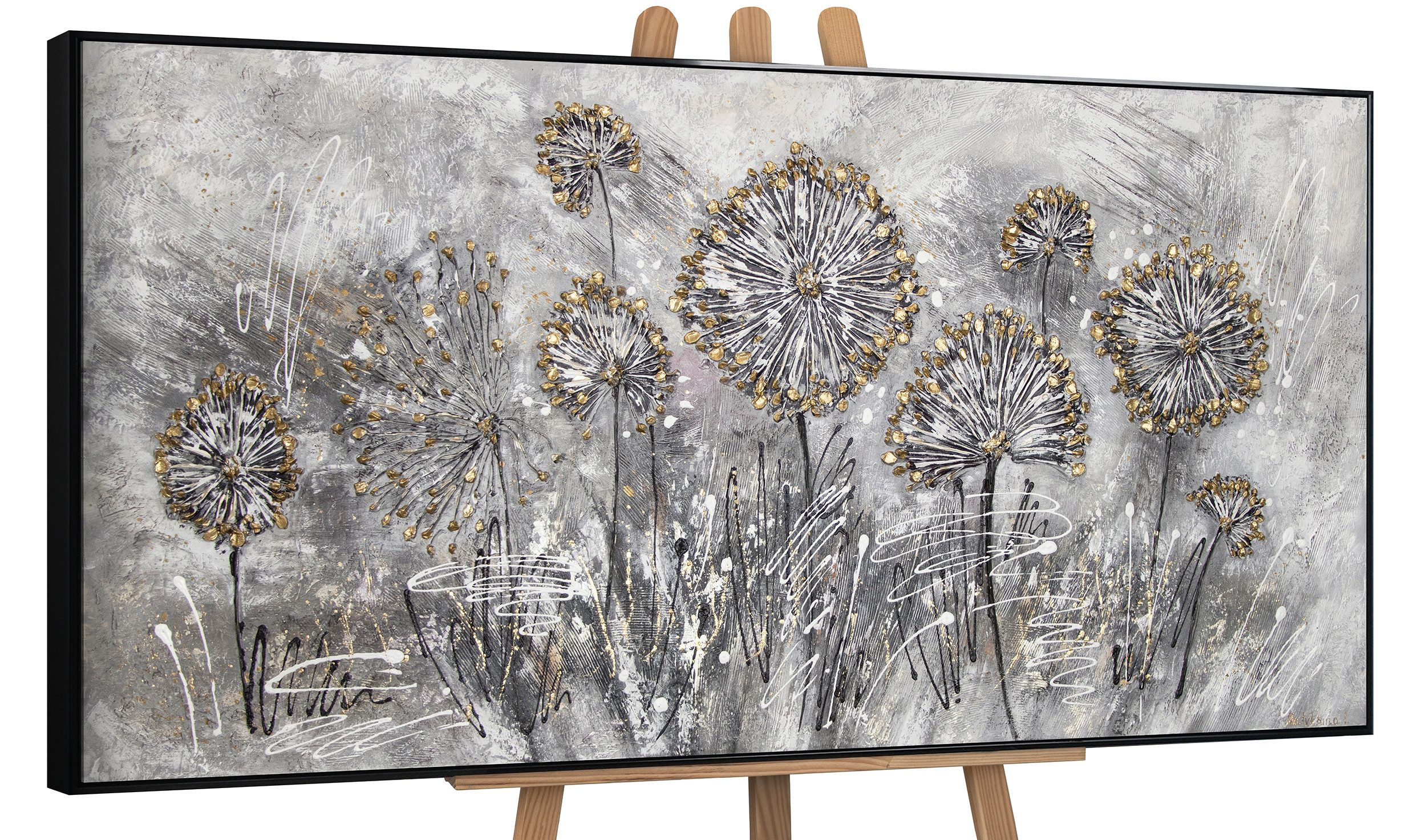 YS-Art Gemälde Frühlingsblumen, Blumen, Löwenzahn Leinwand Bild Handgemalt Gold Grau Schwarz Blumen