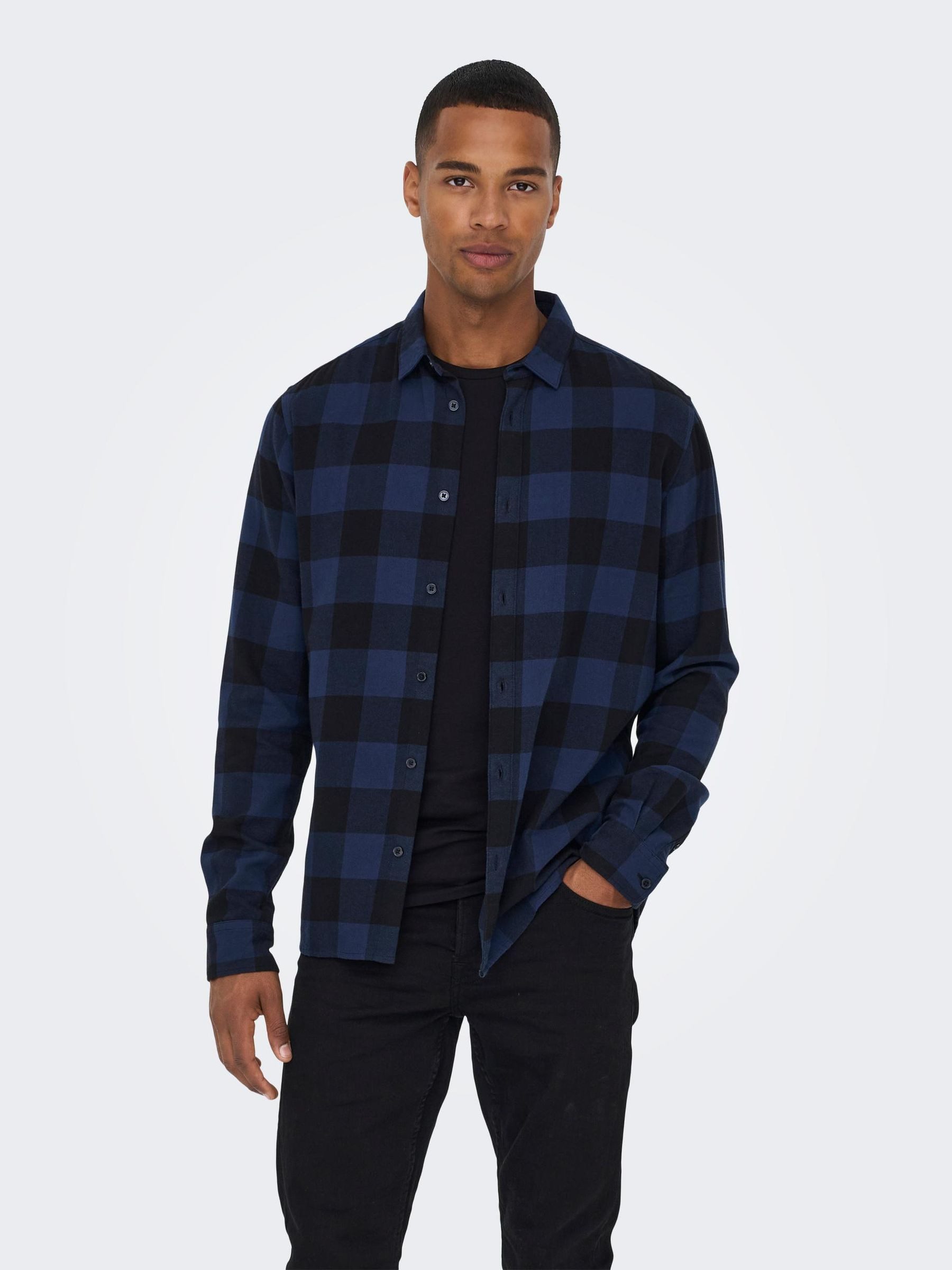 ONLY & SONS Langarmhemd Freizeit Karohemd Holzfäller Kariertes Flanellhemd für Herren (1-tlg) Baumwolle Slim Fit Kentkragen kariert wärmend Knöpfe