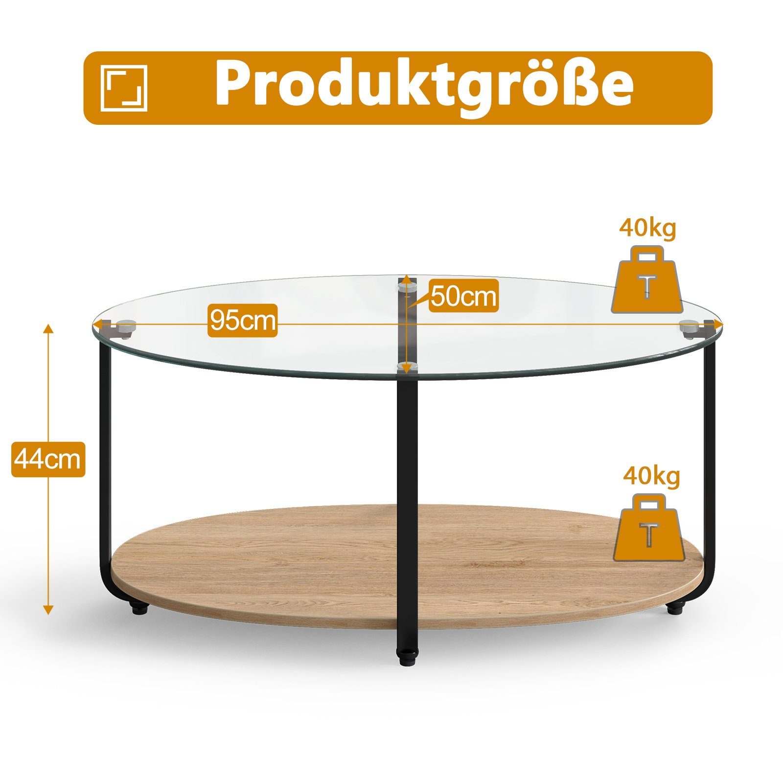 2 oval, Stauraum, 95x50x44cm Ebene Glas Couchtisch, mit Metallrahmen, COSTWAY