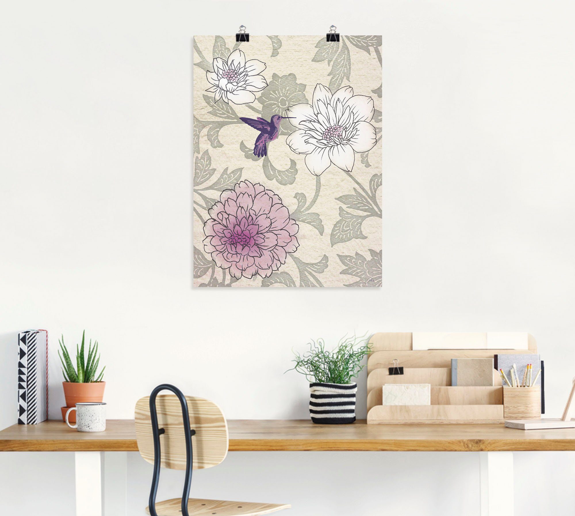 Poster Größen mit oder als Artland Wandbild Wandaufkleber versch. St), in Alubild, Kolibri, Leinwandbild, (1 Blumenmuster Blumen
