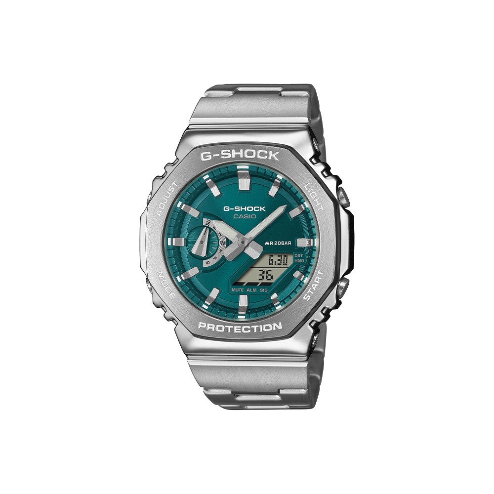 CASIO Quarzuhr Casio GM-2110D-3A1ER GM-2110D-3A1ER, (100-tlg), Casio GM-2110D-3A1ER mit Metalllünette, Edelstahlarmband, 20 bar