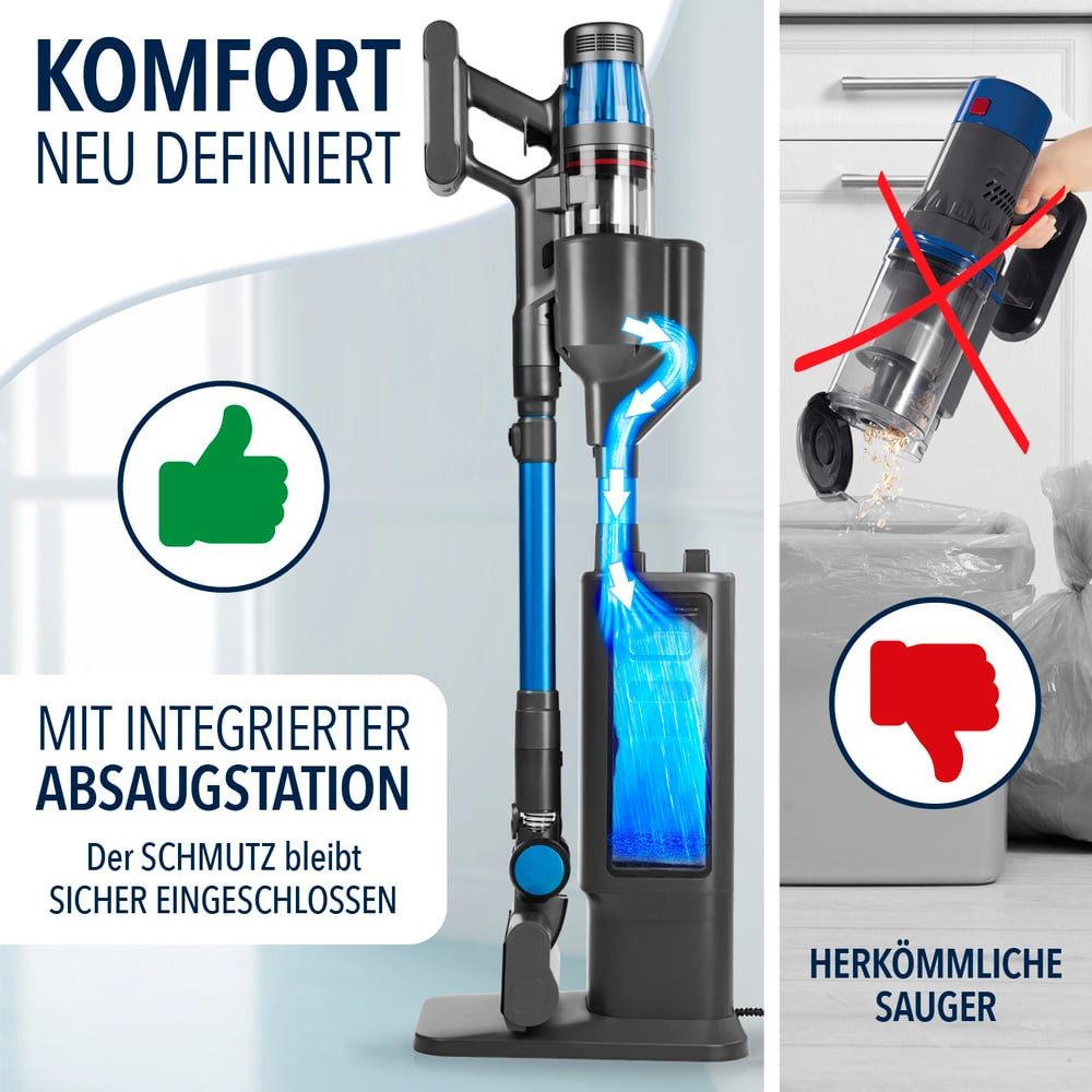CLEANmaxx Zyklon Hybrid Staubsauger Akku-Zyklon-Staubsauger Deluxe 29,6V grau/blau, 500 W, beutellos, automatische Staubentleerung 3,5L Beutel 60.min Laufzeit HEPA-Filter