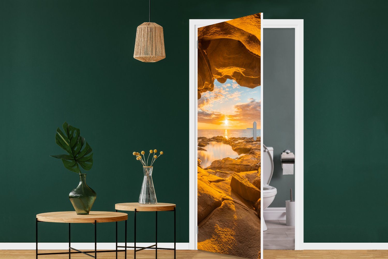 Tür, Matt, 75x205 Horizont - bedruckt, Meer Höhle - Türaufkleber, (1 Sonnenuntergang, für Türtapete - MuchoWow cm Fototapete St),