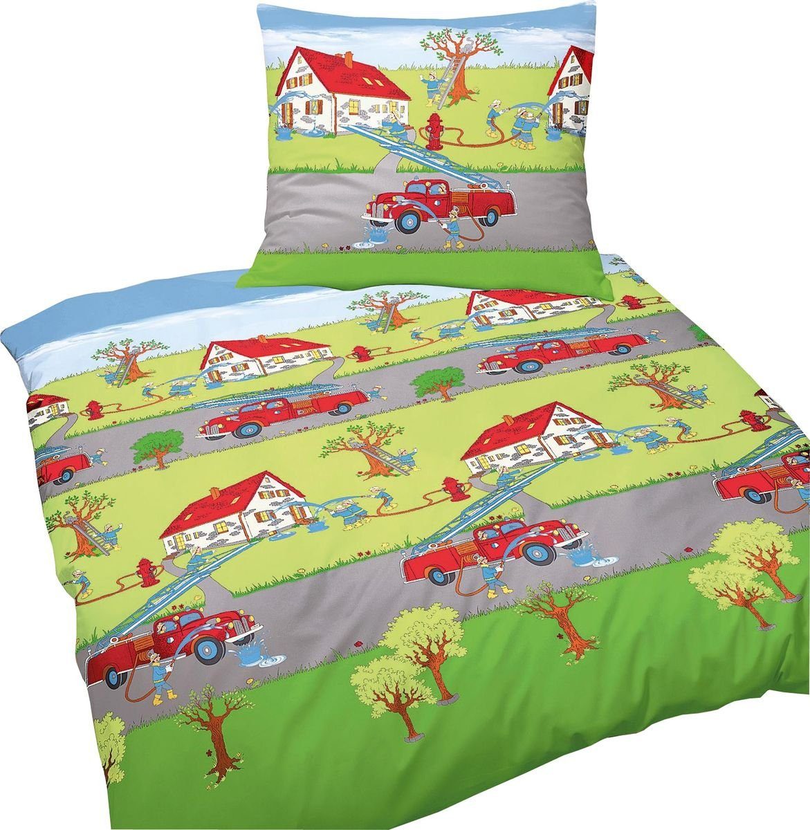 BIERBAUM Kinderbettwäsche Bierbaum Kinder Renforce Постельное белье 2 tlg. 135x200cm Feuerwehr Auto, Renforcé, 2 teilig, Baumwolle, mit spannendem Feuerwehr Rettungsmotiv, Reißverschluss