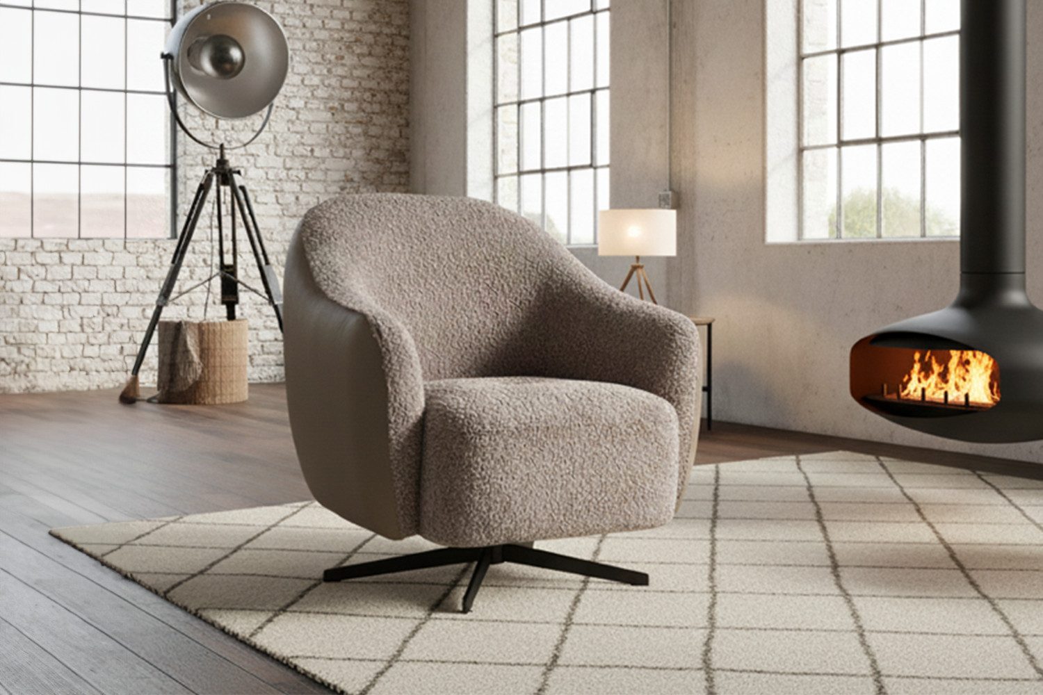KAWOLA Drehsessel BRITTO Bequemer Bouclé Sessel – Drehbar, Bouclé vorn, Kunstleder hinten. 360° drehbar. Lounge-tauglich.