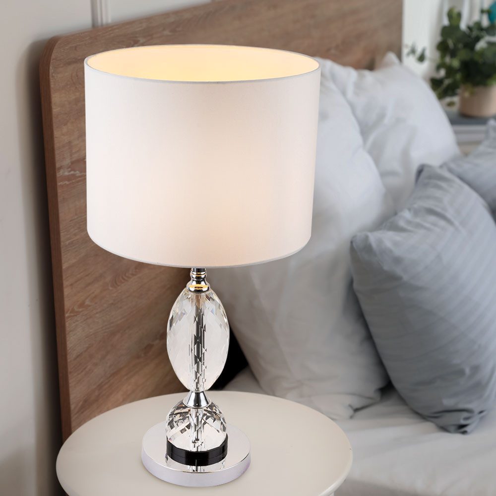 GLOBO LIGHTING Tischleuchte, Leuchtmittel nicht inklusive, Schreib Tisch Lampe Leuchte Chrom Textil Weiß Kristall Glas Schlaf