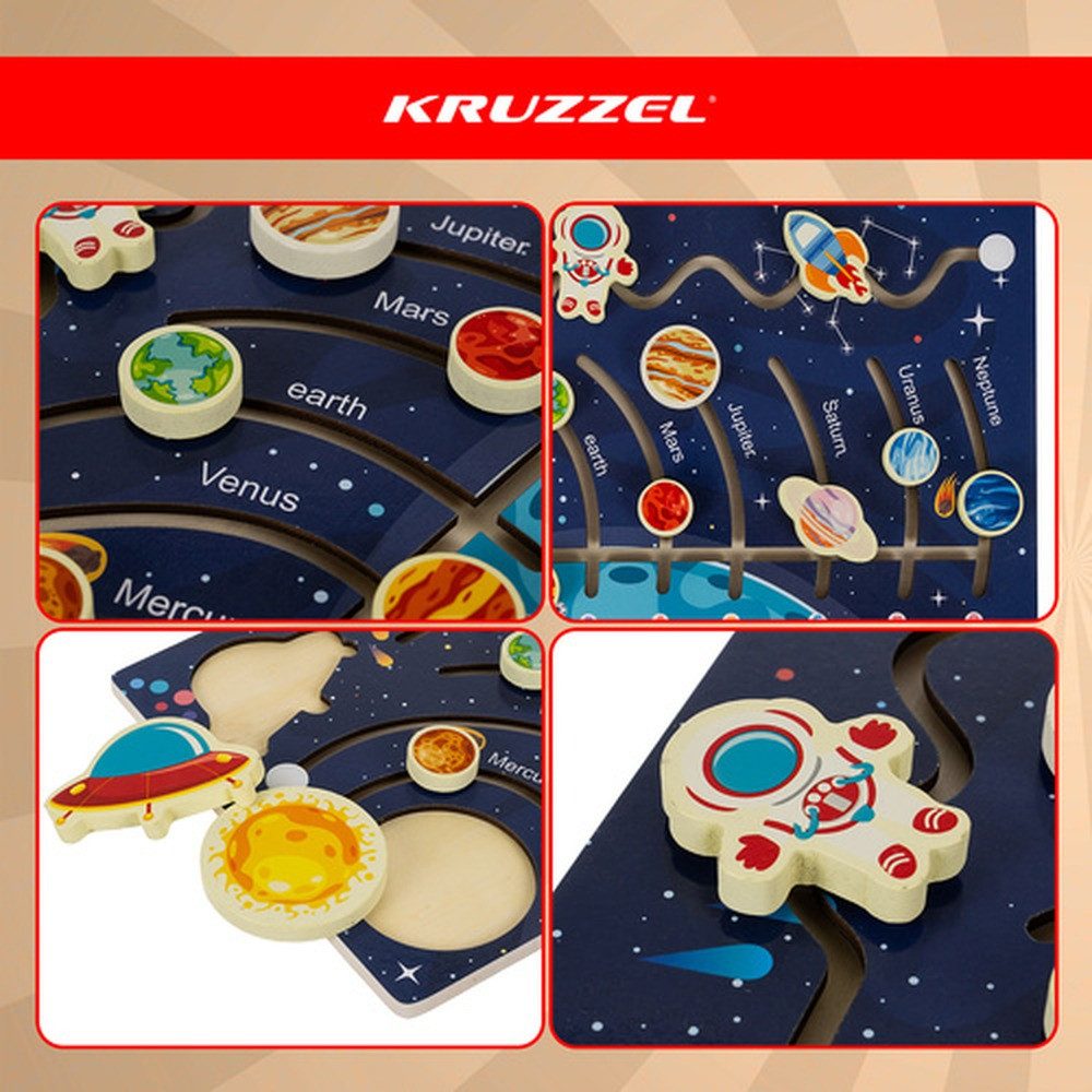 KRUZZEL Steckpuzzle Holzpuzzle Planetenlabyrinth Sonnensystem, 8 Puzzleteile, Vermittelt Wissen über Planeten und das Sonnensystem