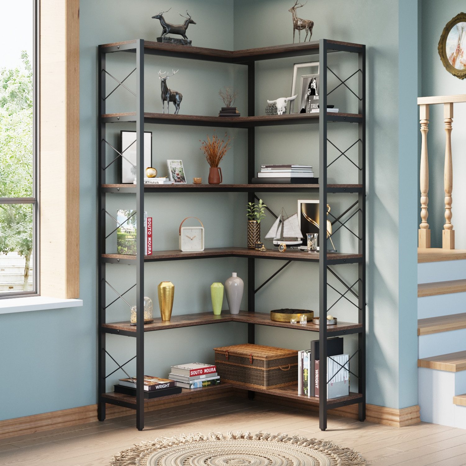 Wildhome Bücherregal Eckregal, 6-Regal Etagere mit Metallrahmen, Offene Lagerung, 1-tlg., Ecke-Schrank für Wohnzimmer & Home Office