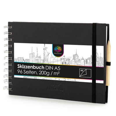 OfficeTree Malkreide Skizzenbuch A5 quer, (Set), 96 Seiten 48 Blätter - Sketchbook 200g - Weißes Blanko Papier