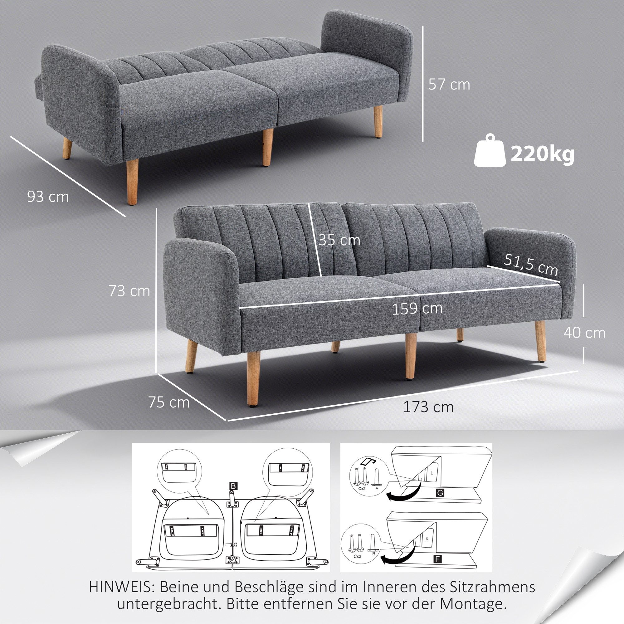 HOMCOM Schlafsofa 2-Sitzer Stoffsofa Bettsofa mit Schlaffunktion Sofagarnitur, Sofa 1 Teile, leinenartiges Polyester Gummiholz Grau 173 x 75 x 73 cm