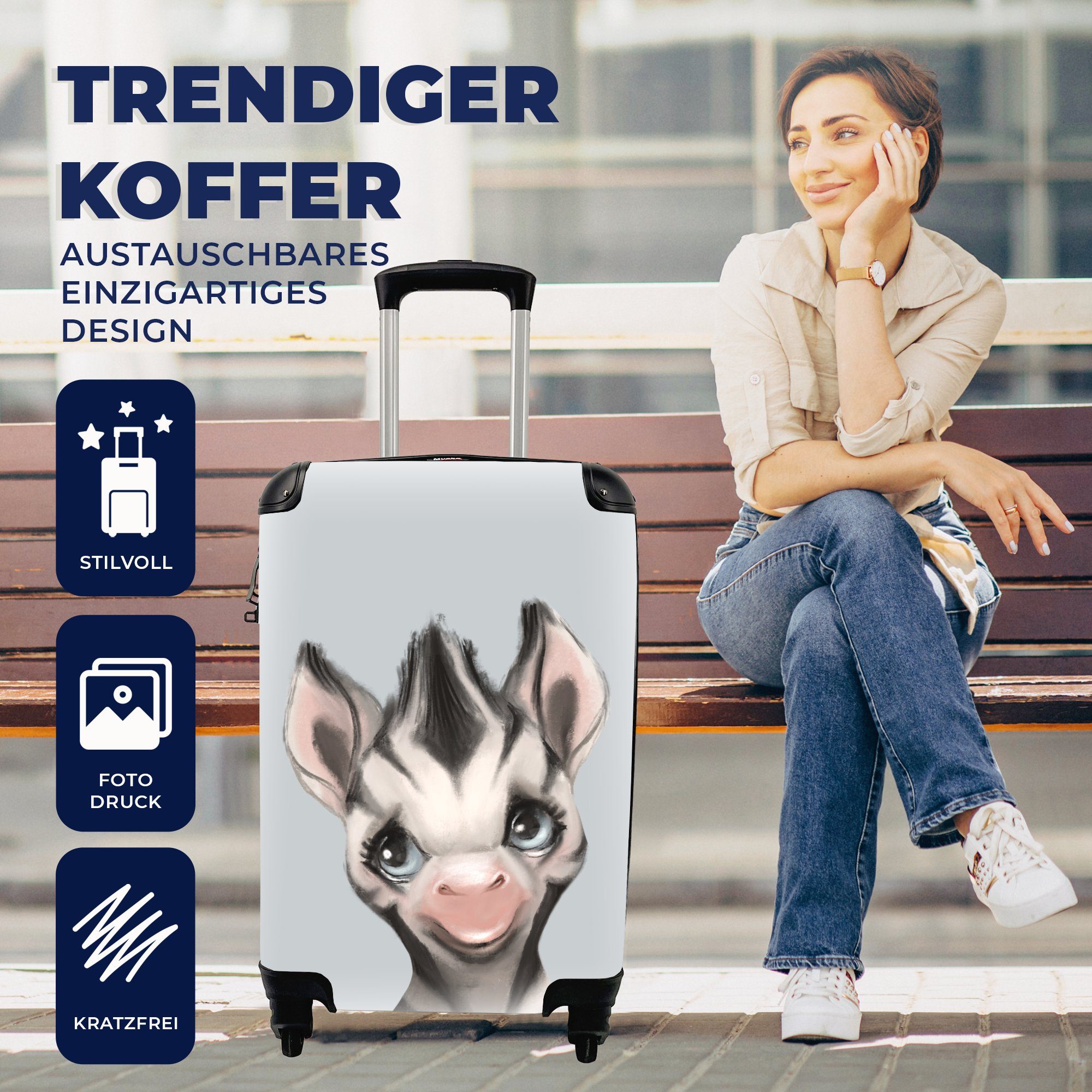 Grau, Handgepäck Handgepäckkoffer mit für rollen, Zebra Reisetasche Trolley, 4 MuchoWow Rollen, - Reisekoffer Ferien, - Kind