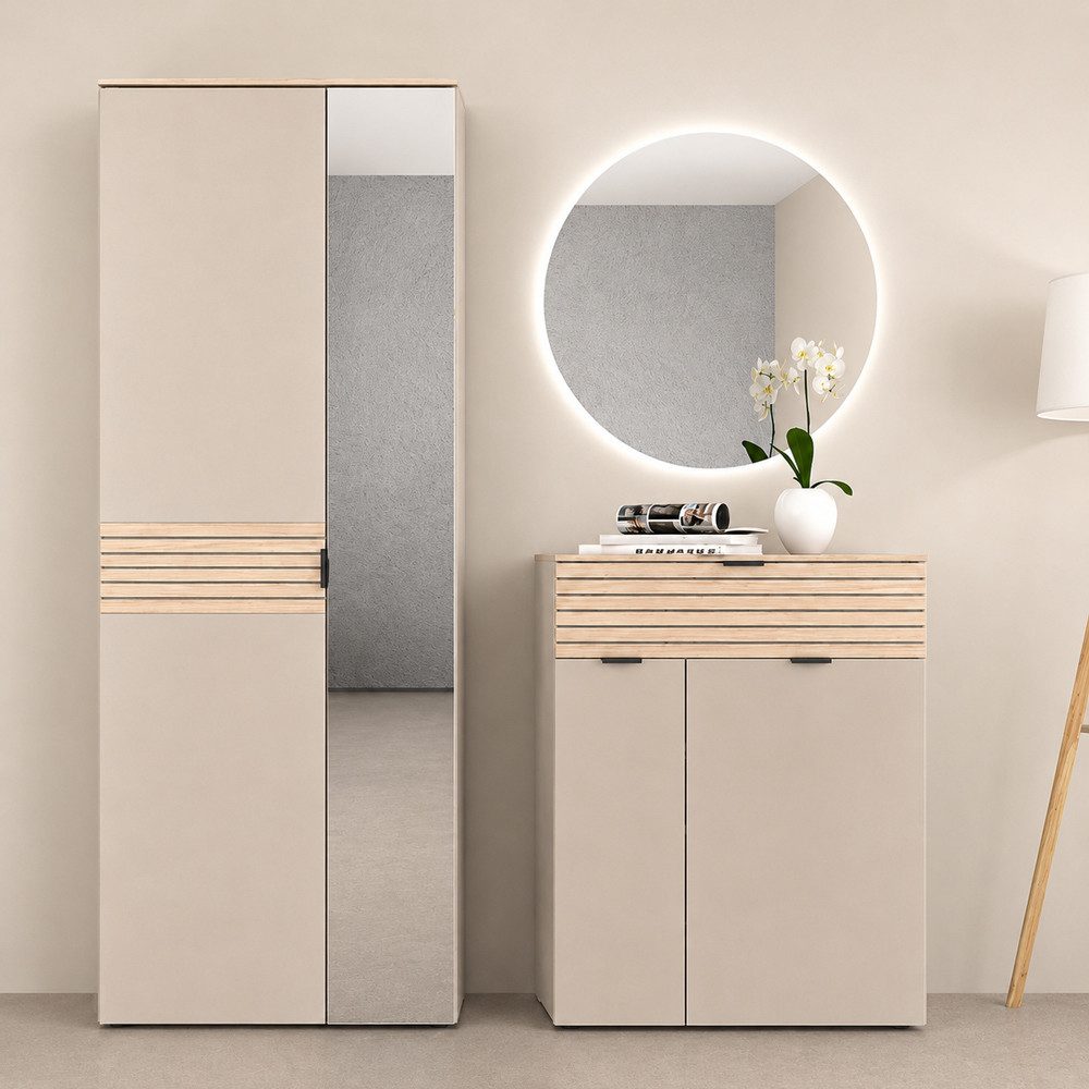 Lomadox Garderoben-Set ISCHIA-36, (Spar-Set, 3-St., Schrank Schuhkommode Spiegel), in Beige mit Eiche, mit Beleuchtung, Lamellenoptik