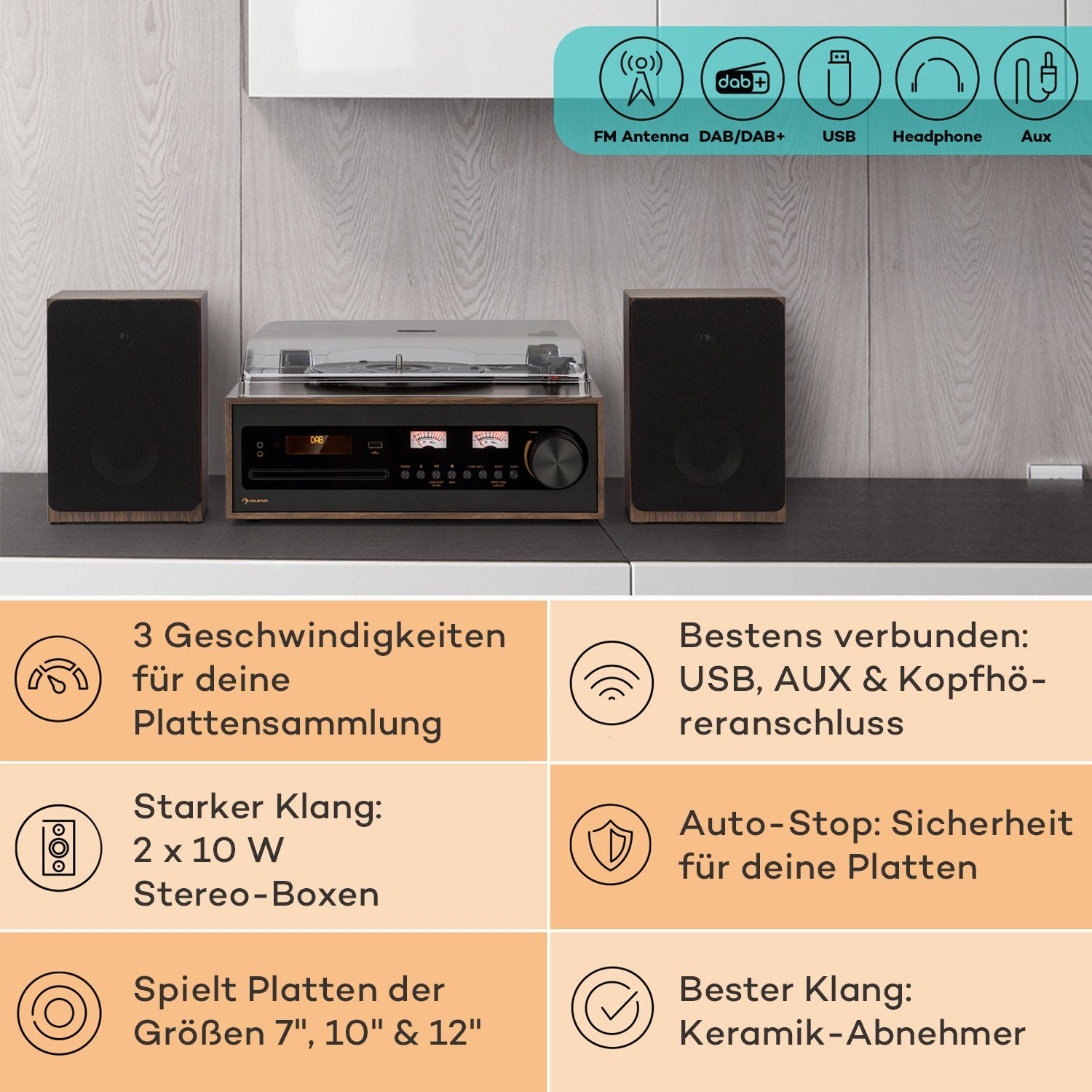 Auna »Oxford SE Mini-Stereoanlage DAB+/FM BT-Funktion Vinyl CD AUX-In«  Stereoanlage (DAB+ und FM Radiotuner, 20 W)