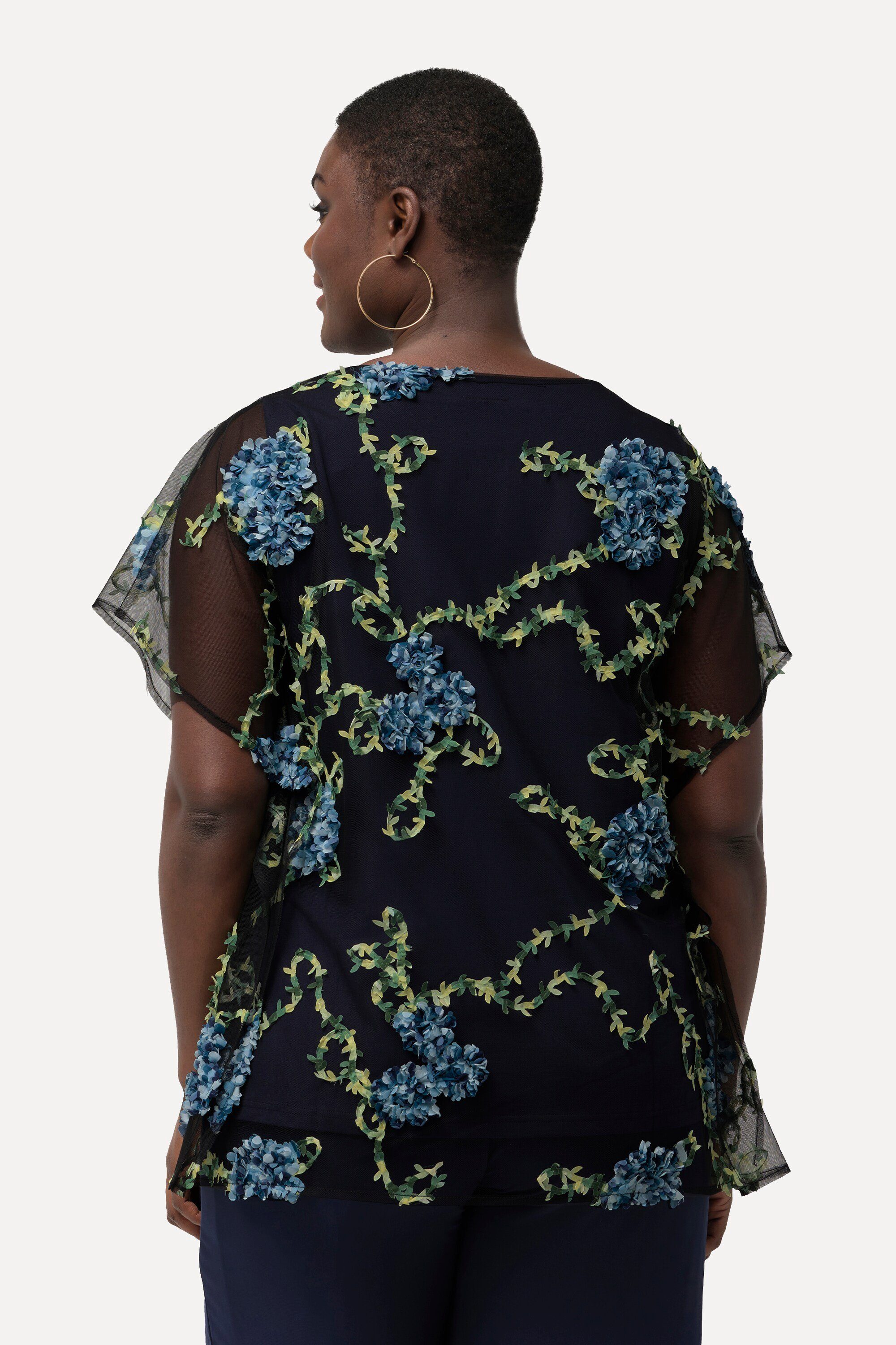 Ulla Popken Druckbluse Bluse Blütenstickerei doppellagig Rundhals Halbarm