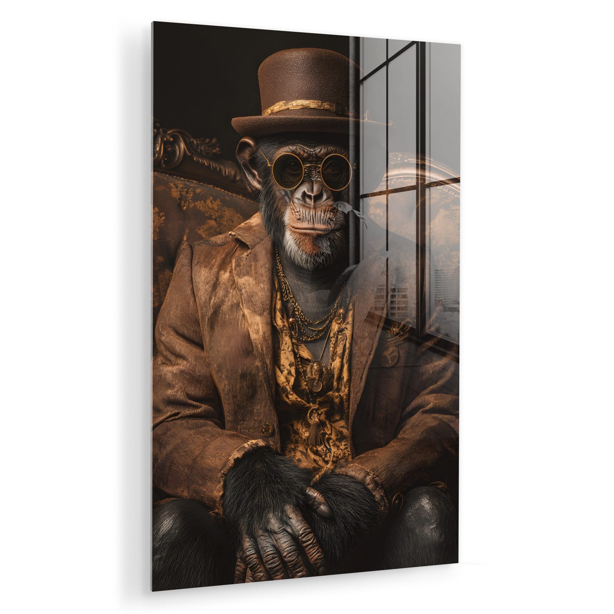 MuchoWow Acrylglasbild Schimpanse - Stuhl - Anzug - Braun, Inkl. Aufhängung, Dekorative Bild für Küche & Wohnzimmer auf Glas, 20x30 cm