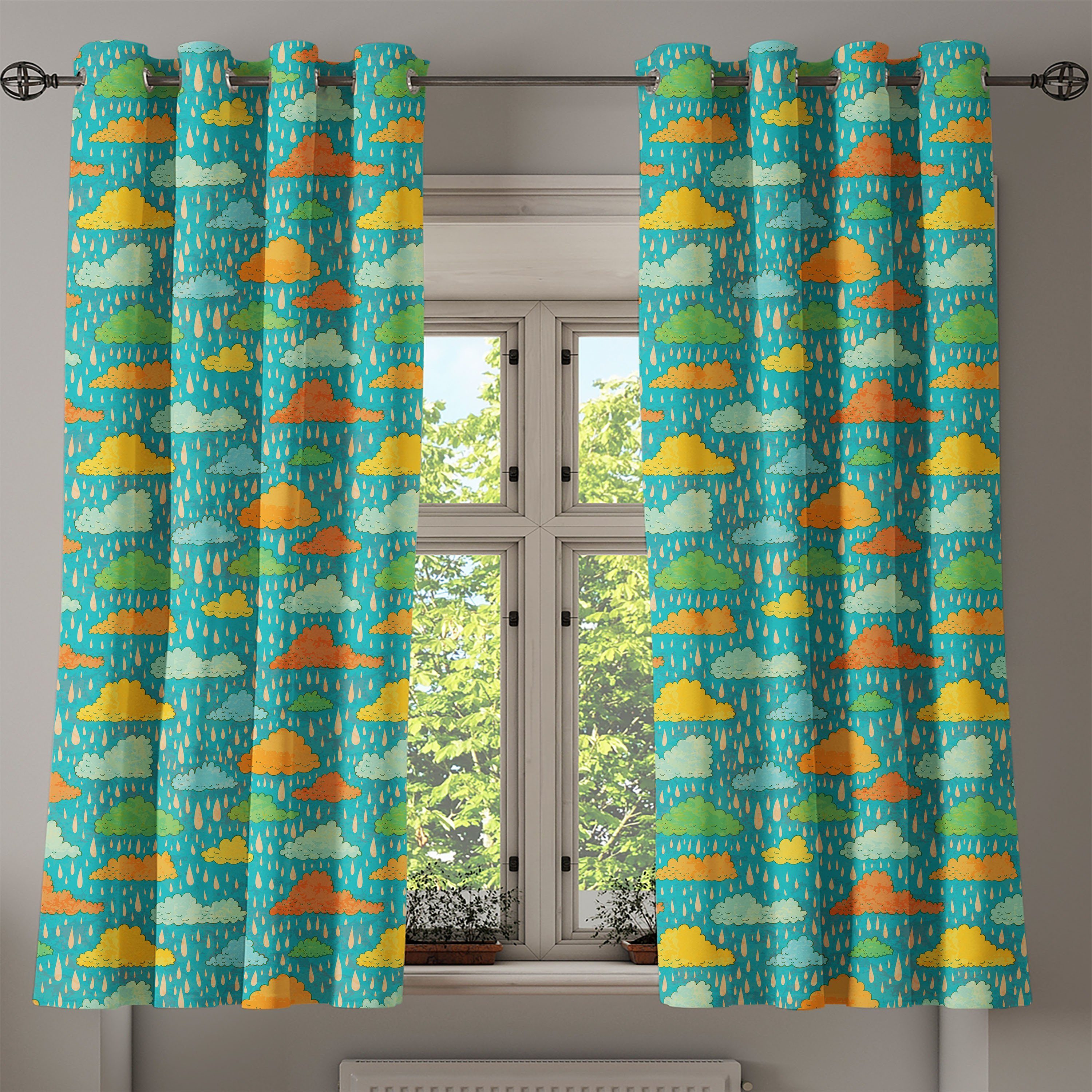 2-Panel-Fenstervorhänge Schlafzimmer Wolken Gardine Dekorative Kids Funk Abakuhaus, für Wohnzimmer, Geschwollene Kunst