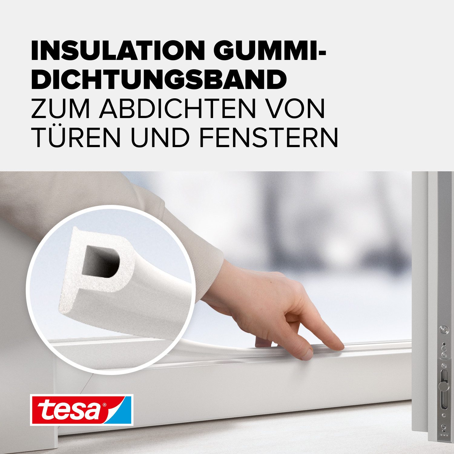 tesa Dichtband (Packung, 1-St., Gummidichtung L weiß - 10 m x 9 mm x 5,5 mm) zum Isolieren von Spalten an Fenstern und Türen