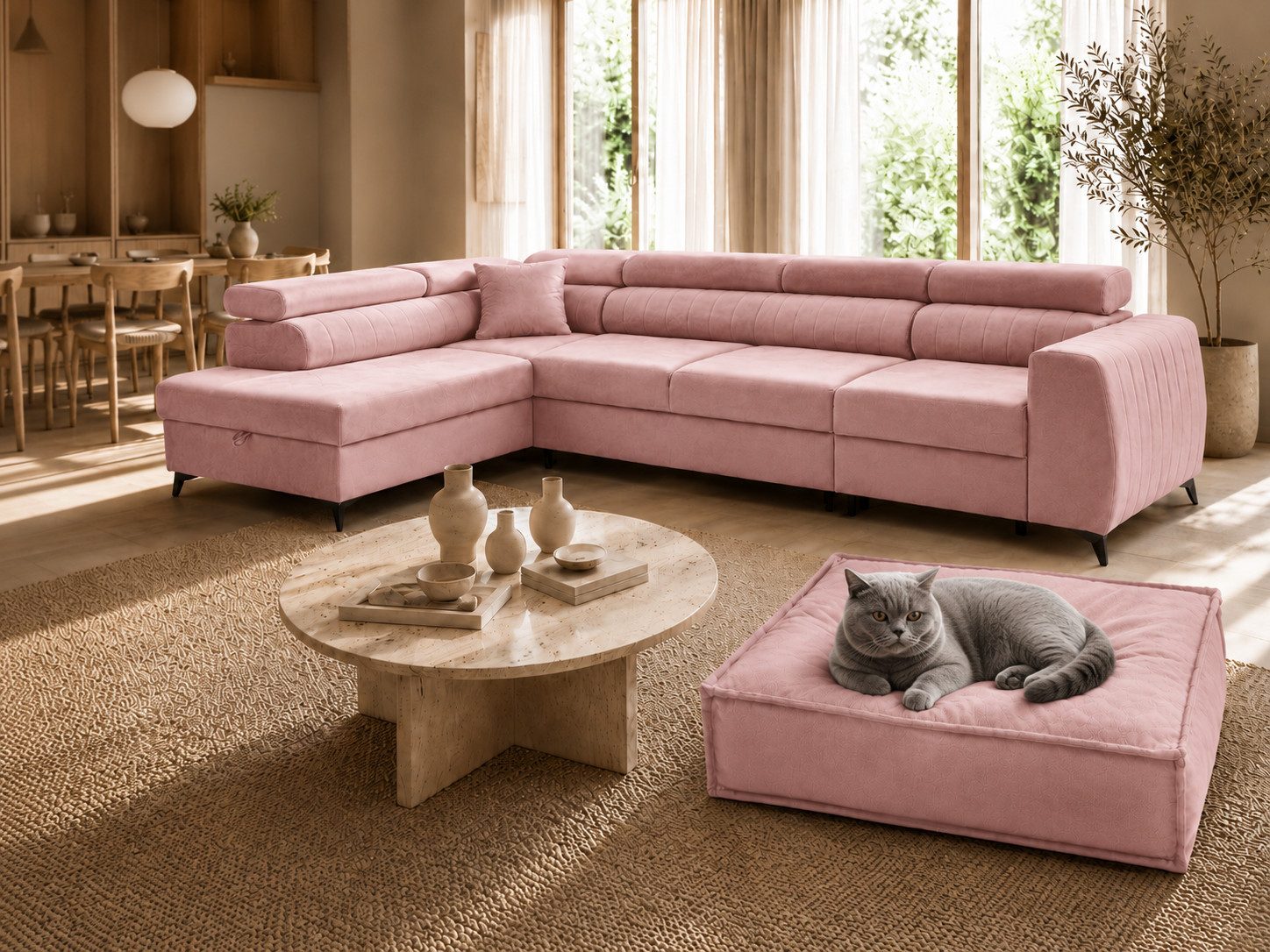 Muffo Ecksofa PIERO MAXI + Haustierbett in der Farbe des Möbelstücks GRATIS, mit Schlaffunktion und Bettkasten, Verstellbare Kopfstützen