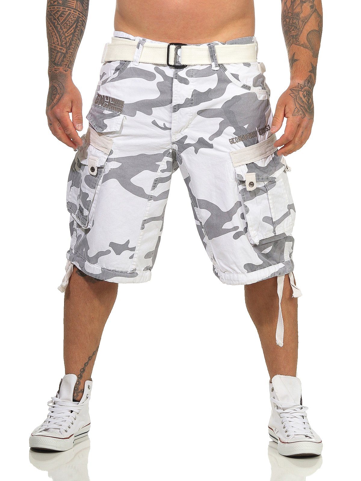 Geographical Norway Cargoshorts Herren Shorts PANORAMIQUE (mit abnehmbarem Gürtel) Shorts, kurze Hose, unifarben / camouflage weiß