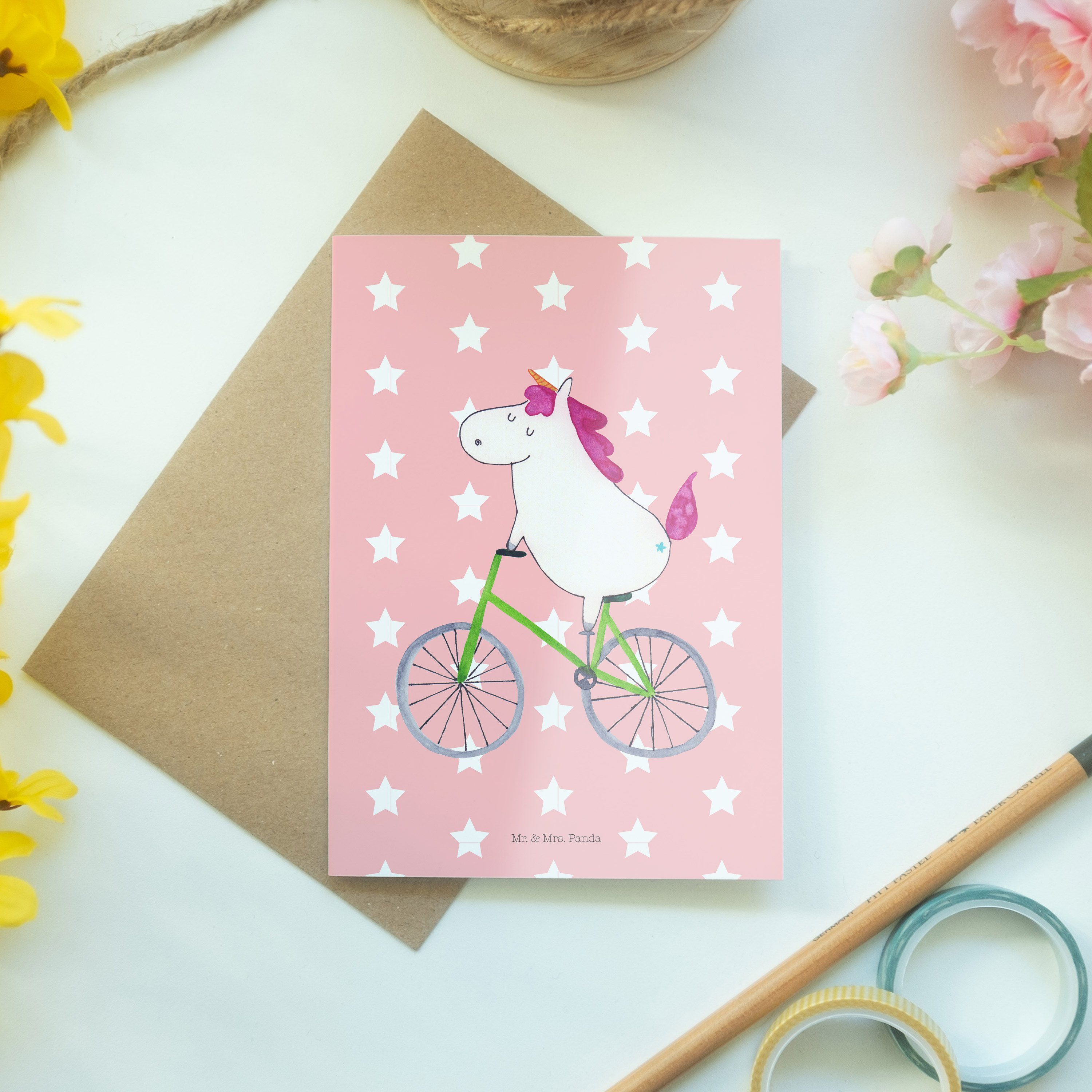 Mrs. Rot Geschenk, Panda Bike, K Pastell Einhorn Radfahrer Glückwunschkarte, - Grußkarte - Mr. &