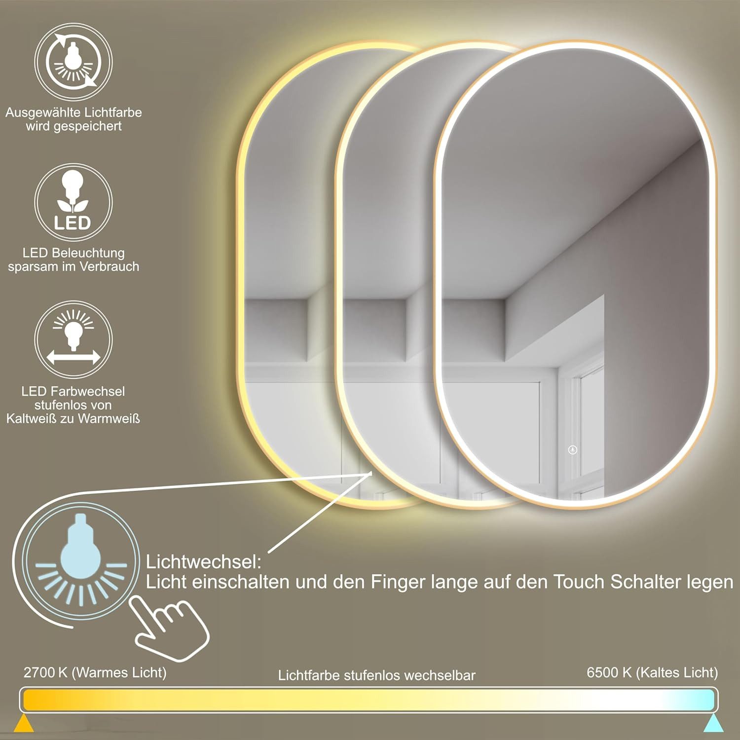 HOKO Badspiegel Oval Spiegel Schwarz Gold Weiß Badezimmer Spiegel mit Licht, Anti-fog (45x75 cm / 50x90 cm / 60x100 cm Warmweiß-Kaltweiß-Neutral. 3000-6000K. Licht mit Touch Schalter und mit Wandschalter einschaltbar. Memory-Funktion.IP44, 4mm HD Glass)