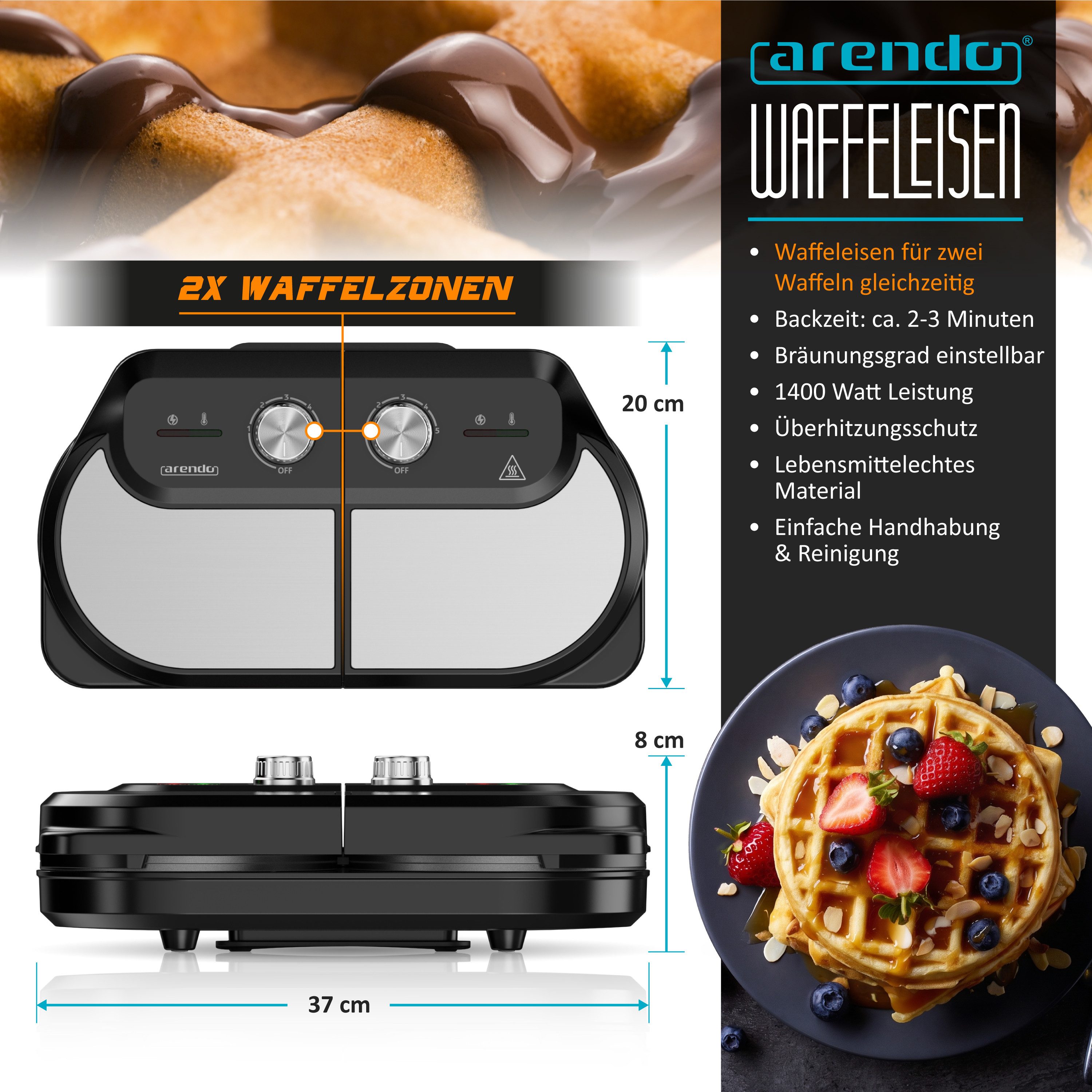 Arendo Waffeleisen Waffeleisen doppelt für 2 Belgische Waffeln, 1400 W, Temperaturregler, 1400 W, 2 Zonen, Antihaftbeschichtung, Edelstahl, silber/schwarz, BPA-frei