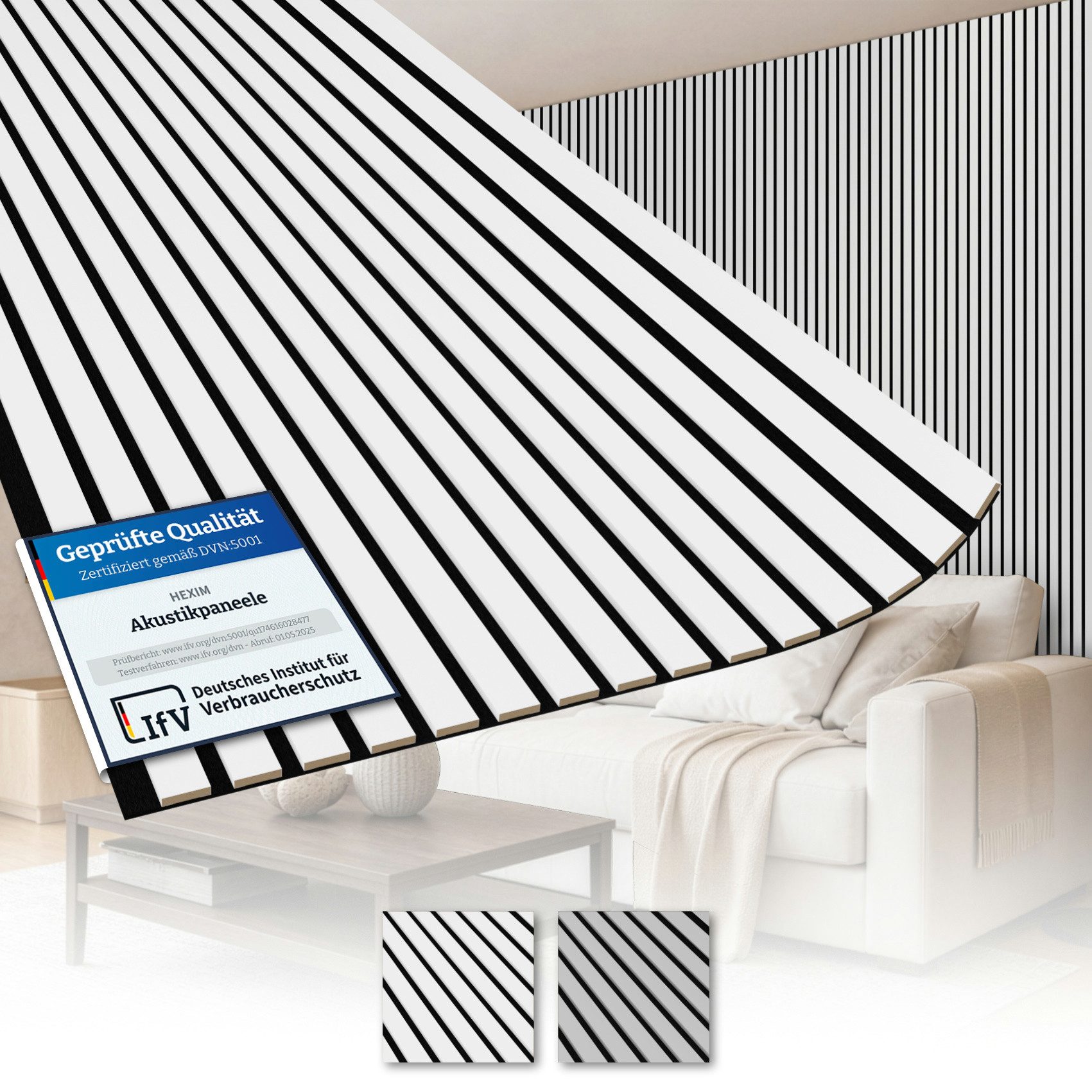 AKUSTIKO Wanddekoobjekt (Lamella Akustikpaneele 4 Stück 280x60cm - flexible Filz MDF Wandpaneele fugenlos - überlappende Holz Lamellenwand Raumgestaltung - Akustik Wandverkleidung von HEXIM (6.72m² Snow White)