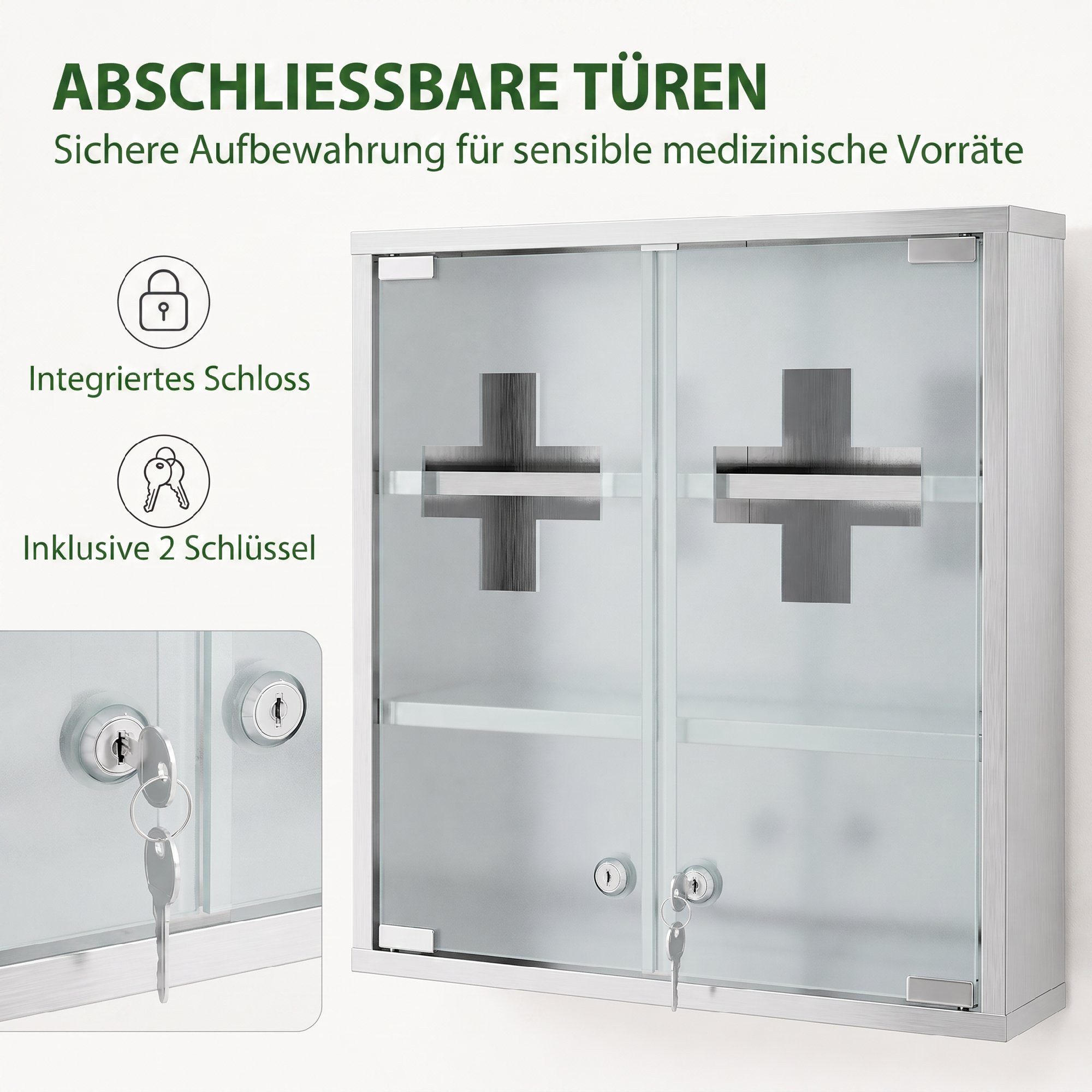 HOMCOM Medizinschrank mit 2 Schlüsseln (Set, 1-St., 1er Set) abschließbar, 6 Fächer, Milchglas – Bild 5 von 5