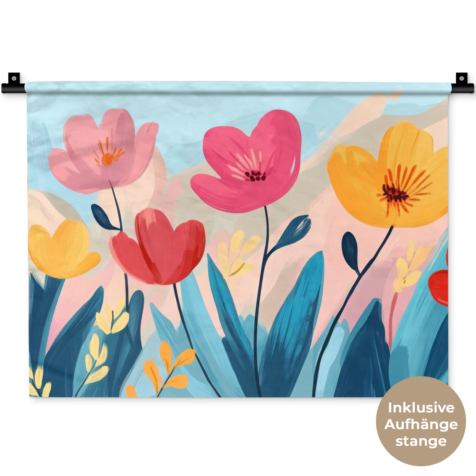 MuchoWow Wandteppich Illustration - Blumen - Farbenfroh, Rechteckig, Höhe: 3 mm, Wanddeko Teppich Wohnzimmer, Schlafzimmer, 60x45 cm