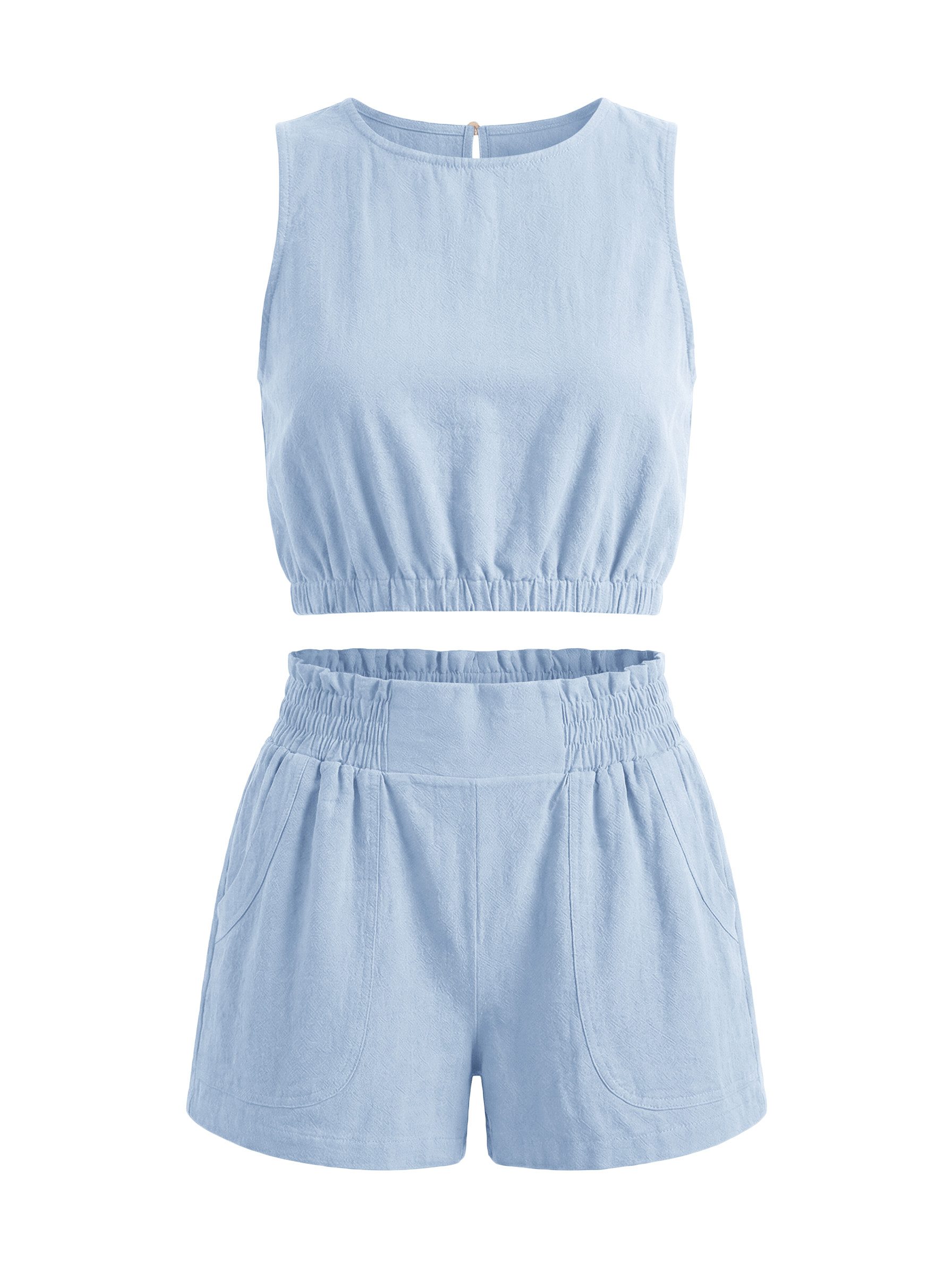 Imily Bela Hausanzug Damen Sommerliche 2-teilige Shorts-Sets (Set, 2 tlg., Ärmelloses Crop-Top + High-Waist-Shorts) Einfarbig