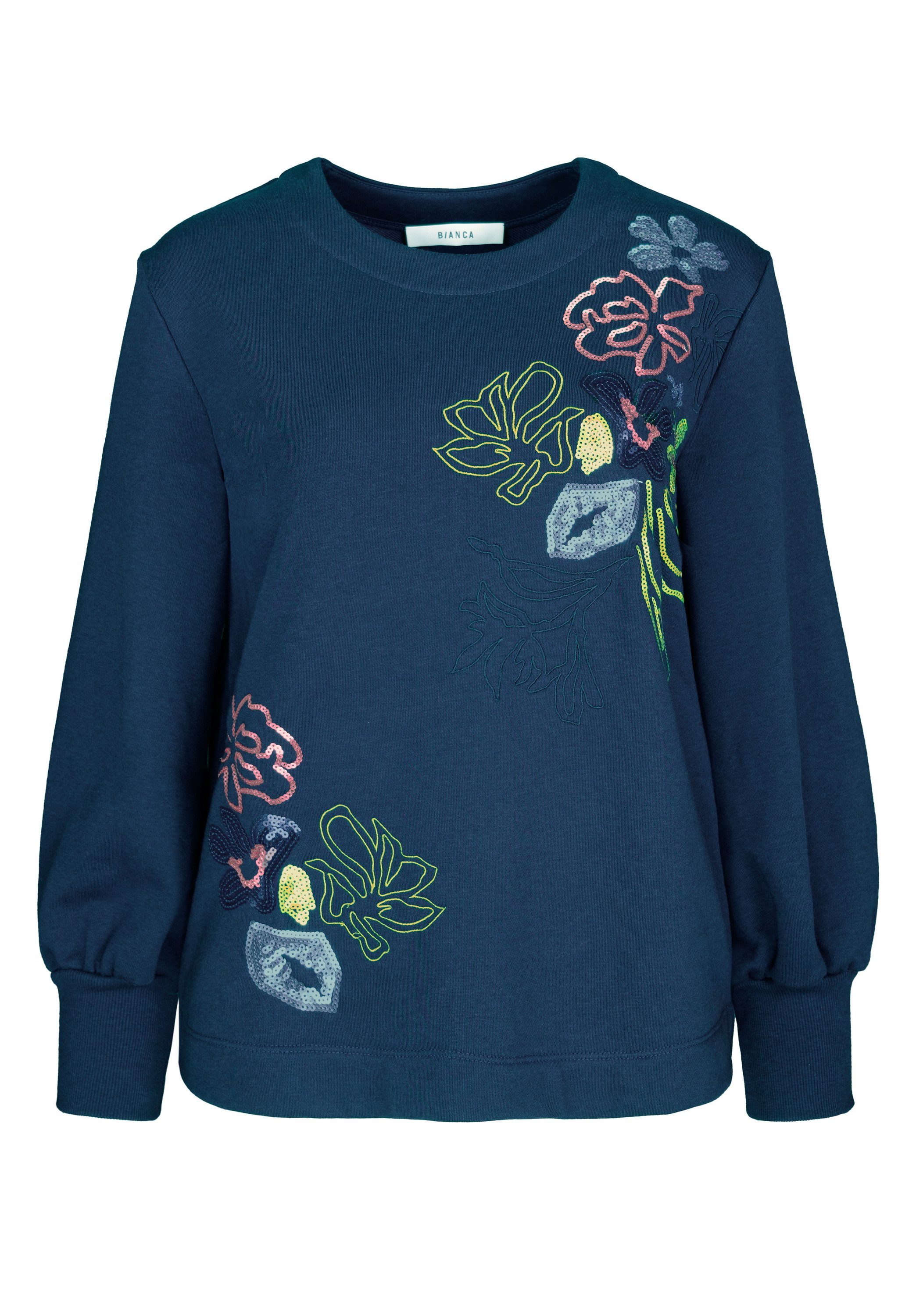 bianca Print-Shirt AMALIA mit einem Frontmotiv aus Pailletten und Stickerei