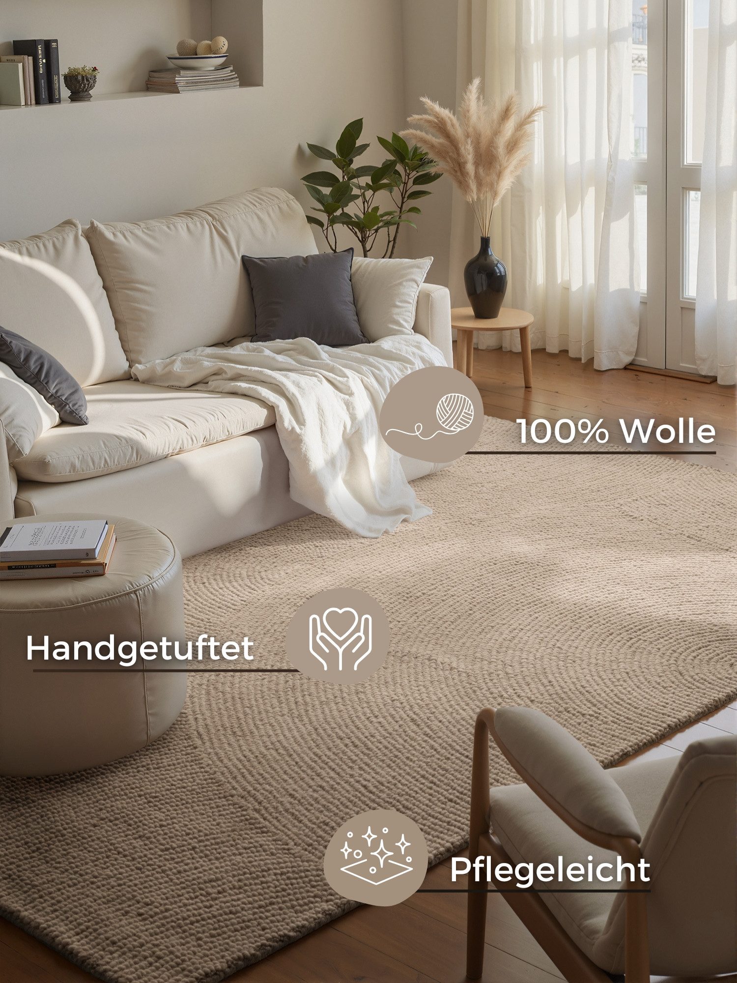 HANSE Home Wollteppich Calmio, auch als Läufer und in rund, rechteckig, Höhe: 18 mm, Handgetuftet, Wolle, Natur, Wohnzimmer, Schlafzimmer, Skandi, Hygge