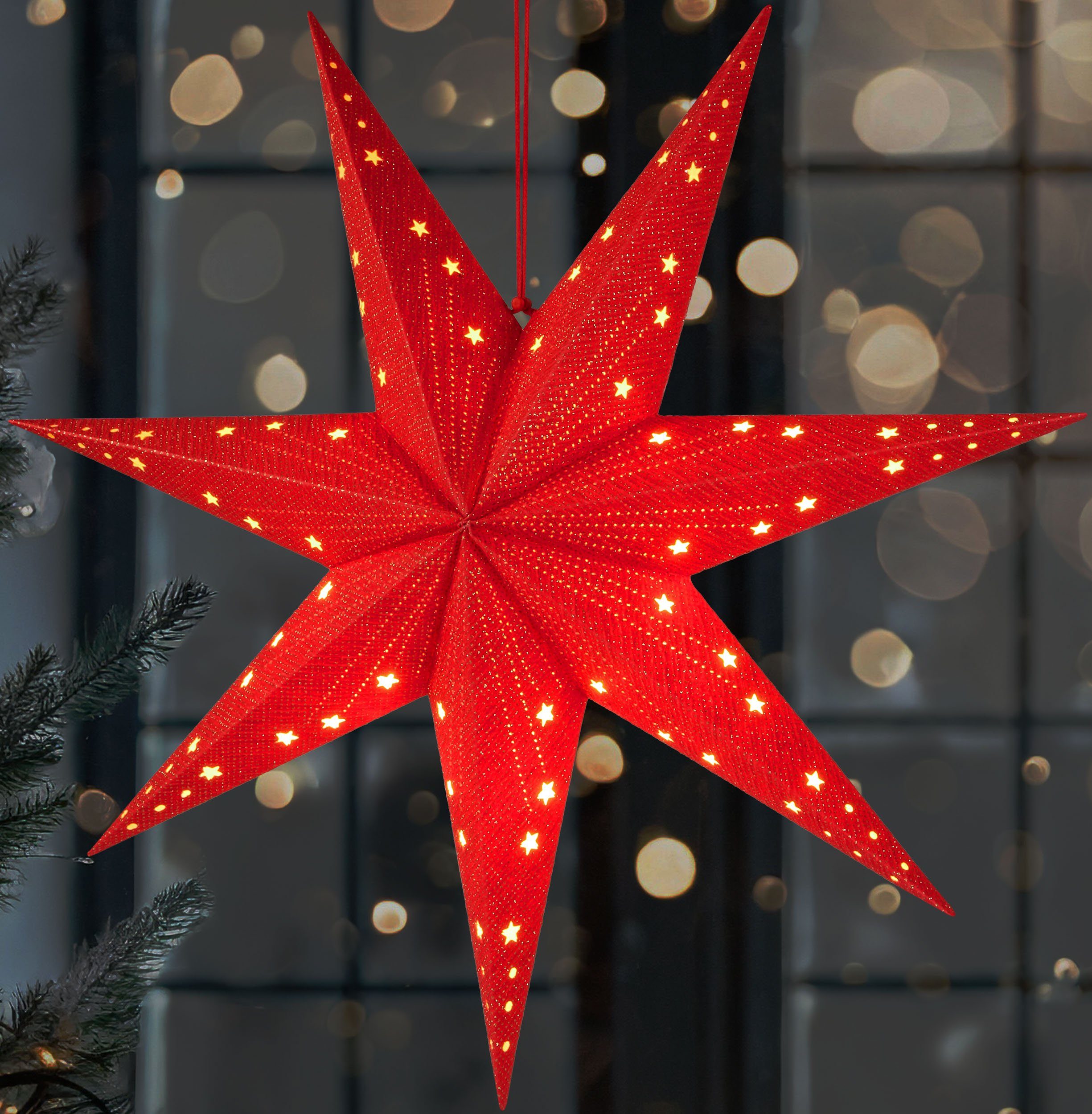 BRUBAKER LED Stern Weihnachtsstern zum Aufhängen - 60 cm Papierstern mit 7 Spitzen, Batteriebetrieben, Hängend und Beleuchtet, LED fest integriert, Warmweiß, 3D Adventsstern - Fenster Deko Leuchtstern Rot