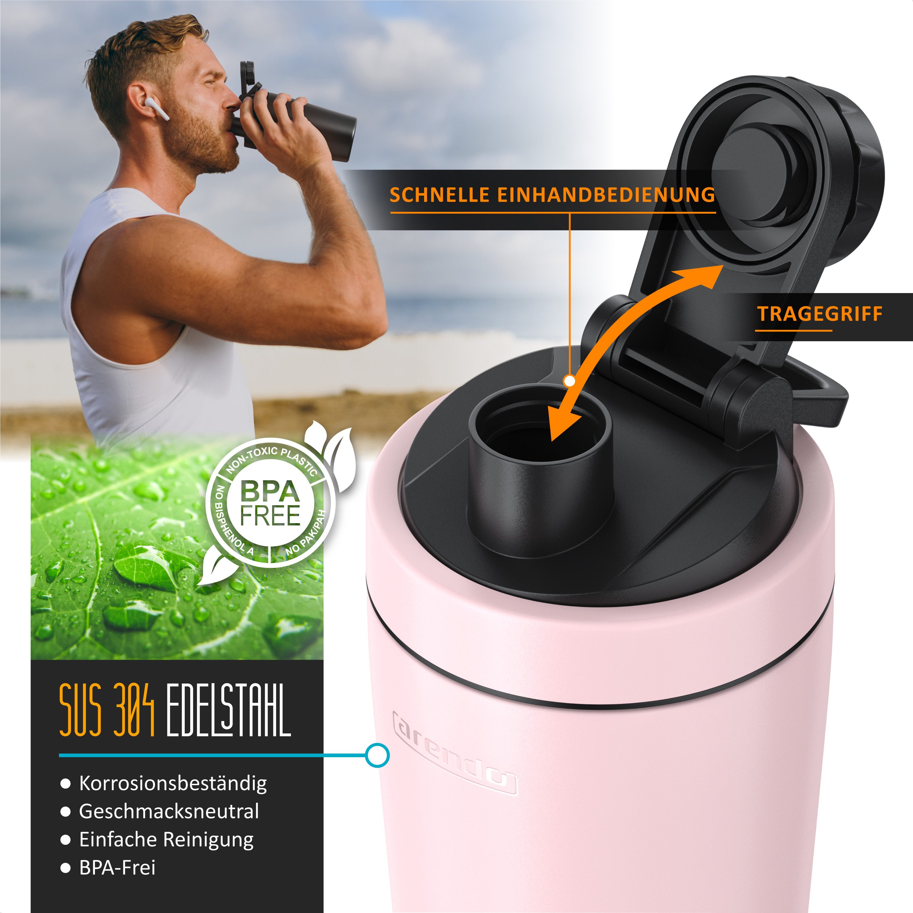 Arendo Protein Shaker Edelstahl Eiweißshaker 750 ml, verschließbar, bruchfest, BPA-frei, Edelstahl, (1-tlg), auslaufsicher, spülmaschinengeeignet, mit Tragegrif – Bild 3 von 5