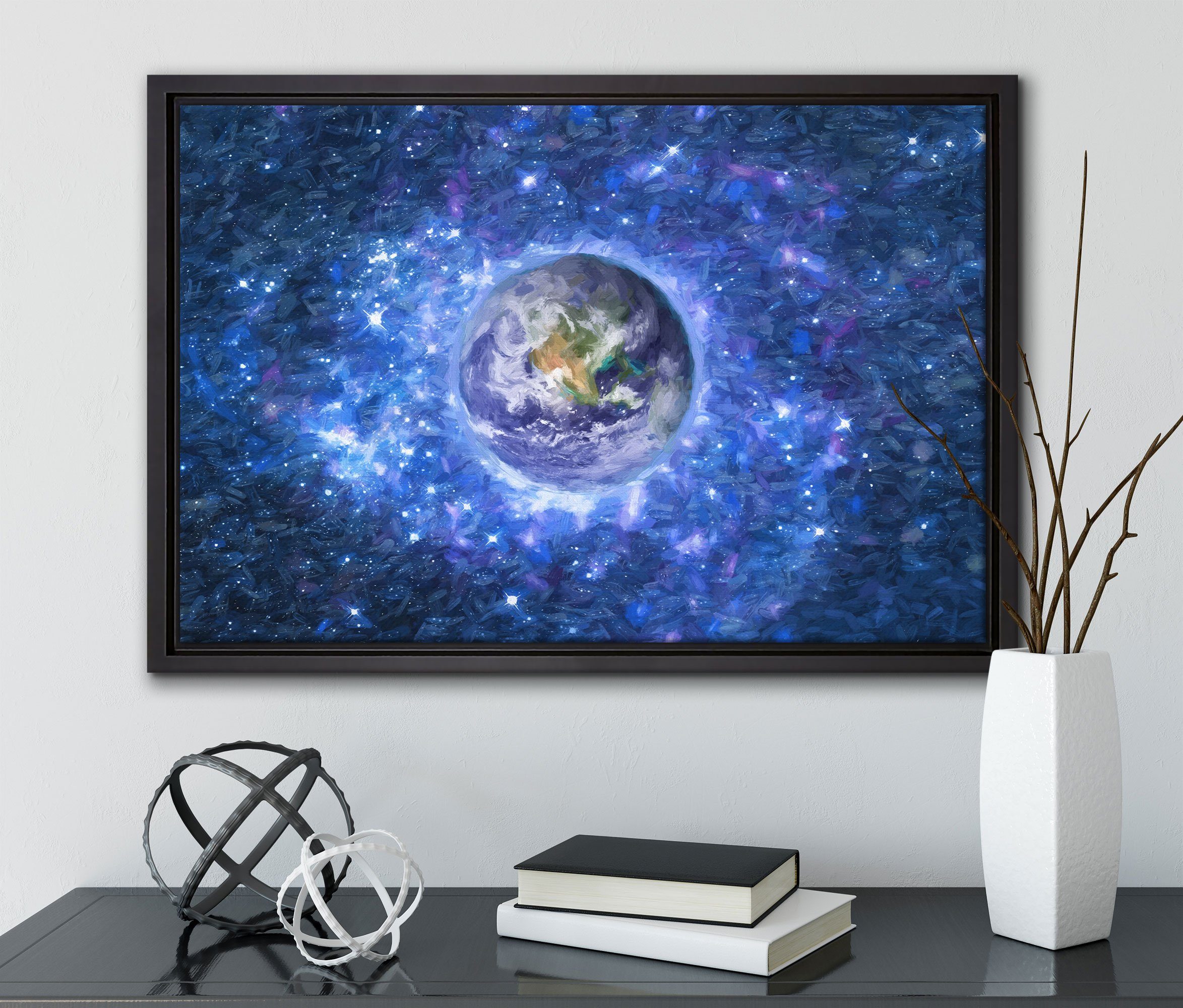 (1 einem Kunst, Erde bespannt, im gefasst, Planet Wanddekoration Leinwandbild in Leinwandbild Weltraum fertig Schattenfugen-Bilderrahmen inkl. Zackenaufhänger St), Pixxprint