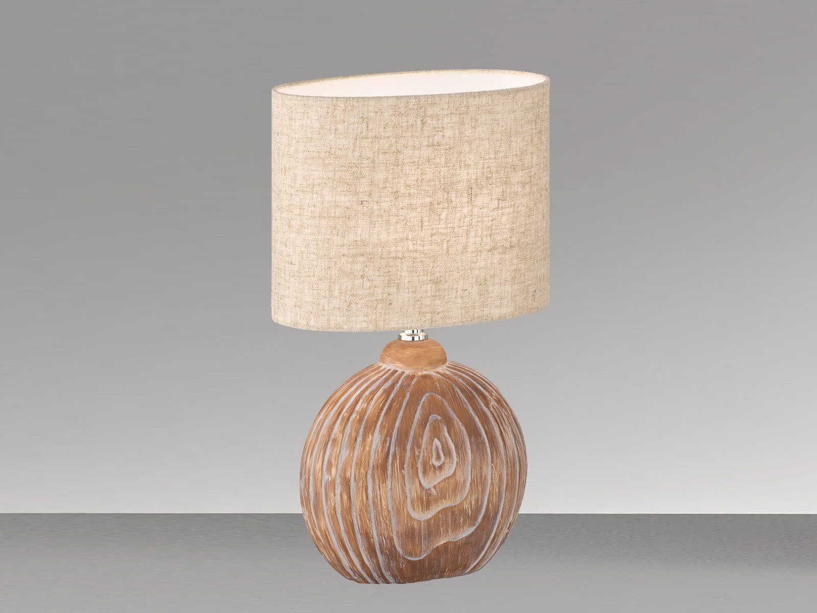 FISCHER & HONSEL LED Nachttischlampe, LED wechselbar, Warmweiß, Lampen-Fuß Keramik Holz-Optik, Lampenschirm Leinen oval, 39cm klein