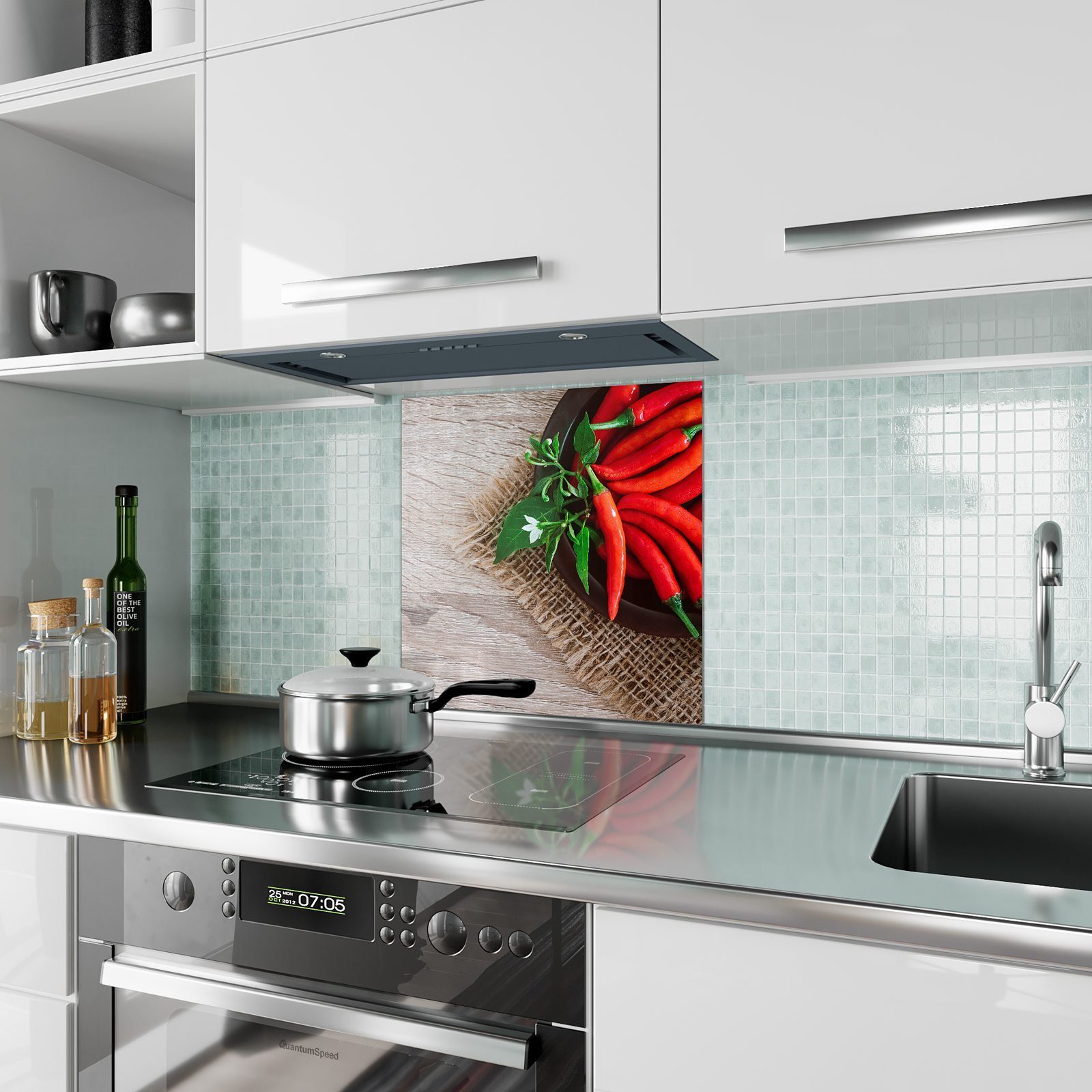 Primedeco Küchenrückwand Küchenrückwand Spritzschutz und Chili Glas mit Motiv Kräuter