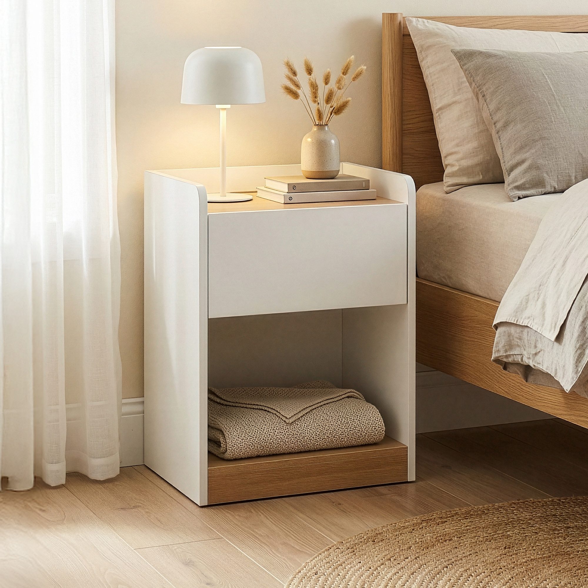 en.casa Nachttisch, »Kuorshare« 55x42x37 cm 1 Schublade 1 Ablagefach Weiß/Eicheoptik
