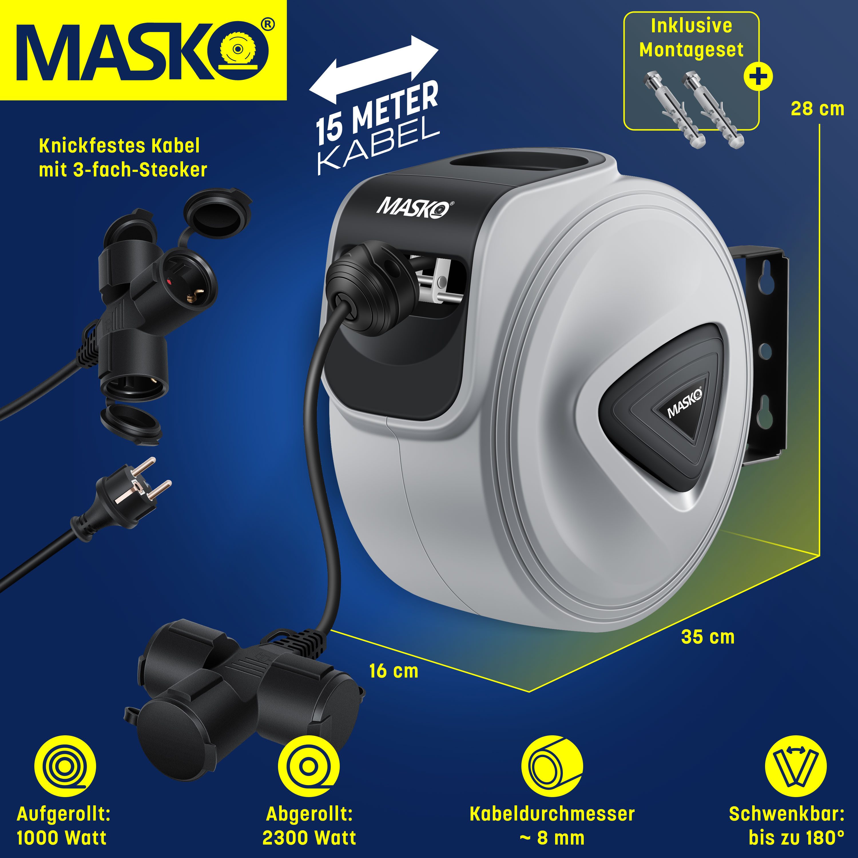 MASKO Verlängerungskabel, (15 cm), Automatik Kabeltrommel Verlängerungskabel mit 3-Fach Anschluss