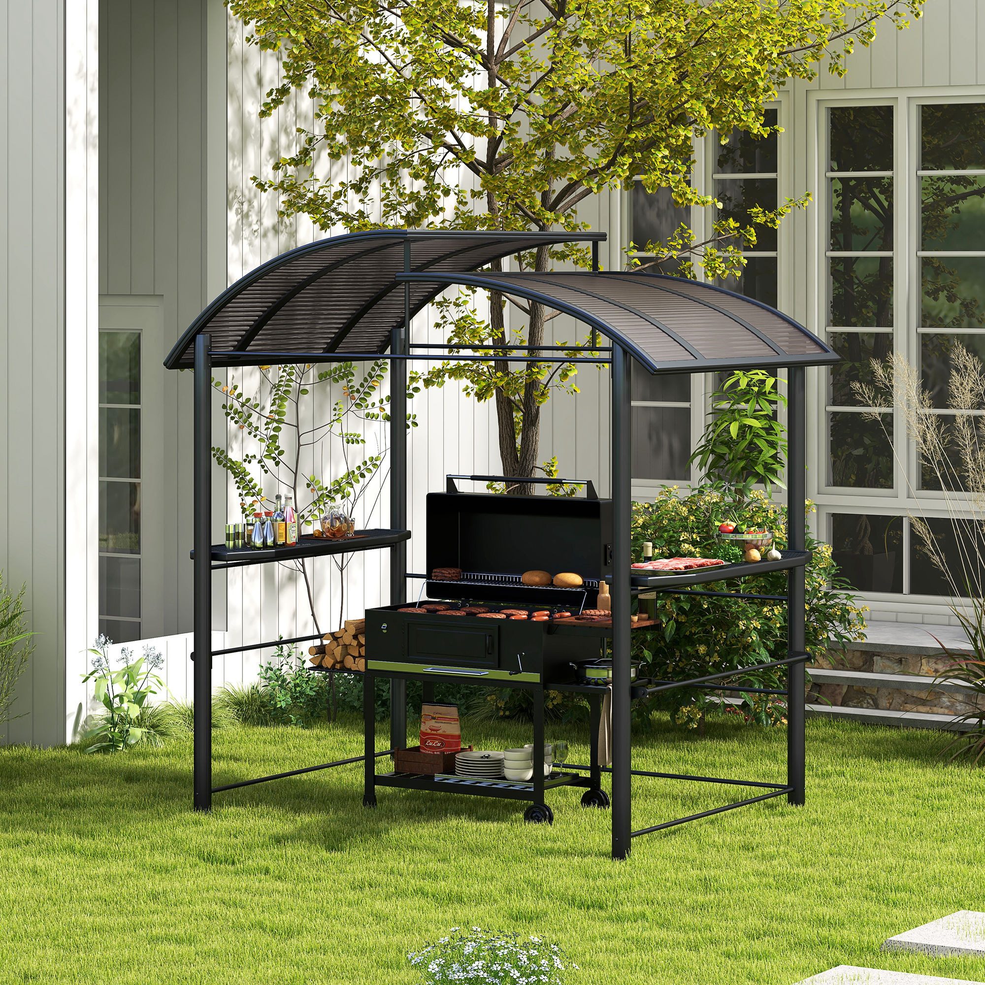 Outsunny Grillpavillon BBQ-Pavillon mit 2 Ablagen, mit 0 Seitenteilen, (Grillüberdachung, Pergola), für Garten, Balkon, Stahl PC Dunkelgrau, 240 x 150 x 230 cm