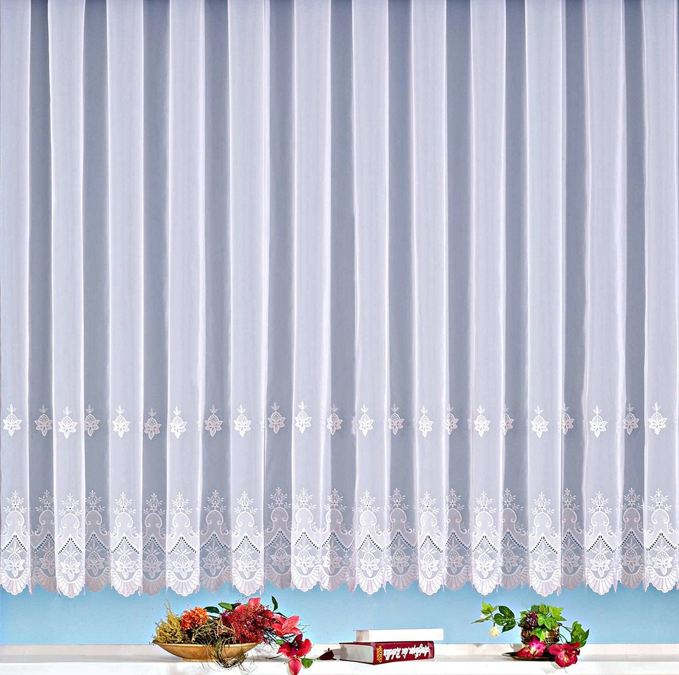 heimtexland Gardine Store mit echter Stickerei Spitze Voile Vorhang (1 St), Kräuselband, halbtransparent, Voile, aufwendig bestickt I Muschelbordüre I durchscheinend I rein weiß