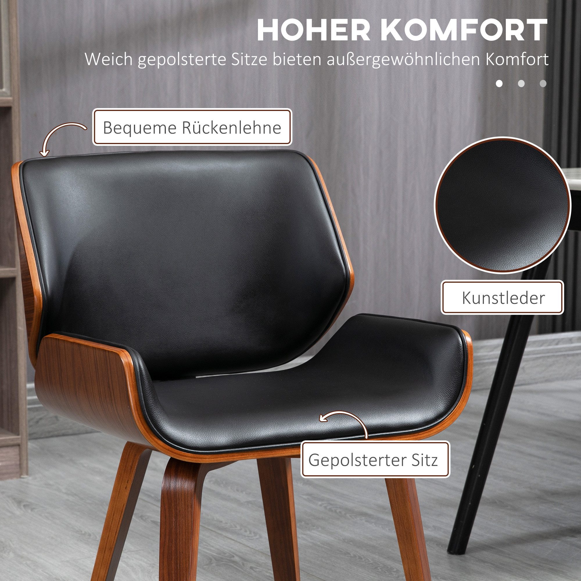HOMCOM Esszimmerstuhl Stühle mit Rückenlehne, Vintage Polsterstuhl, Kunstleder (Küchenstuhl, 2 St), für Esszimmer, Schwarz – Bild 5 von 5