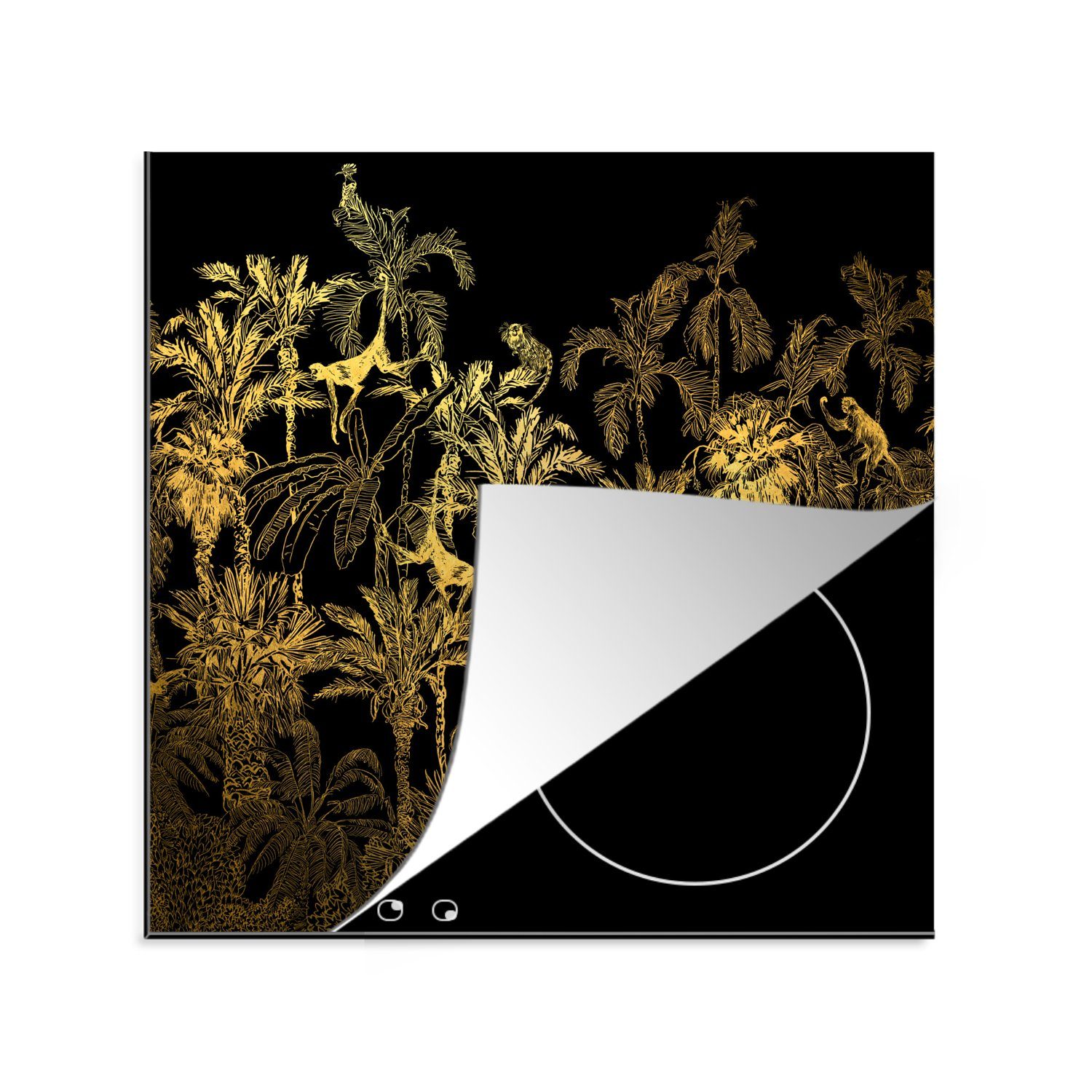 MuchoWow Herdblende-/Abdeckplatte Dschungel - Gold - Schwarz, Vinyl, (1 tlg), 78x78 cm, Ceranfeldabdeckung, Arbeitsplatte für küche