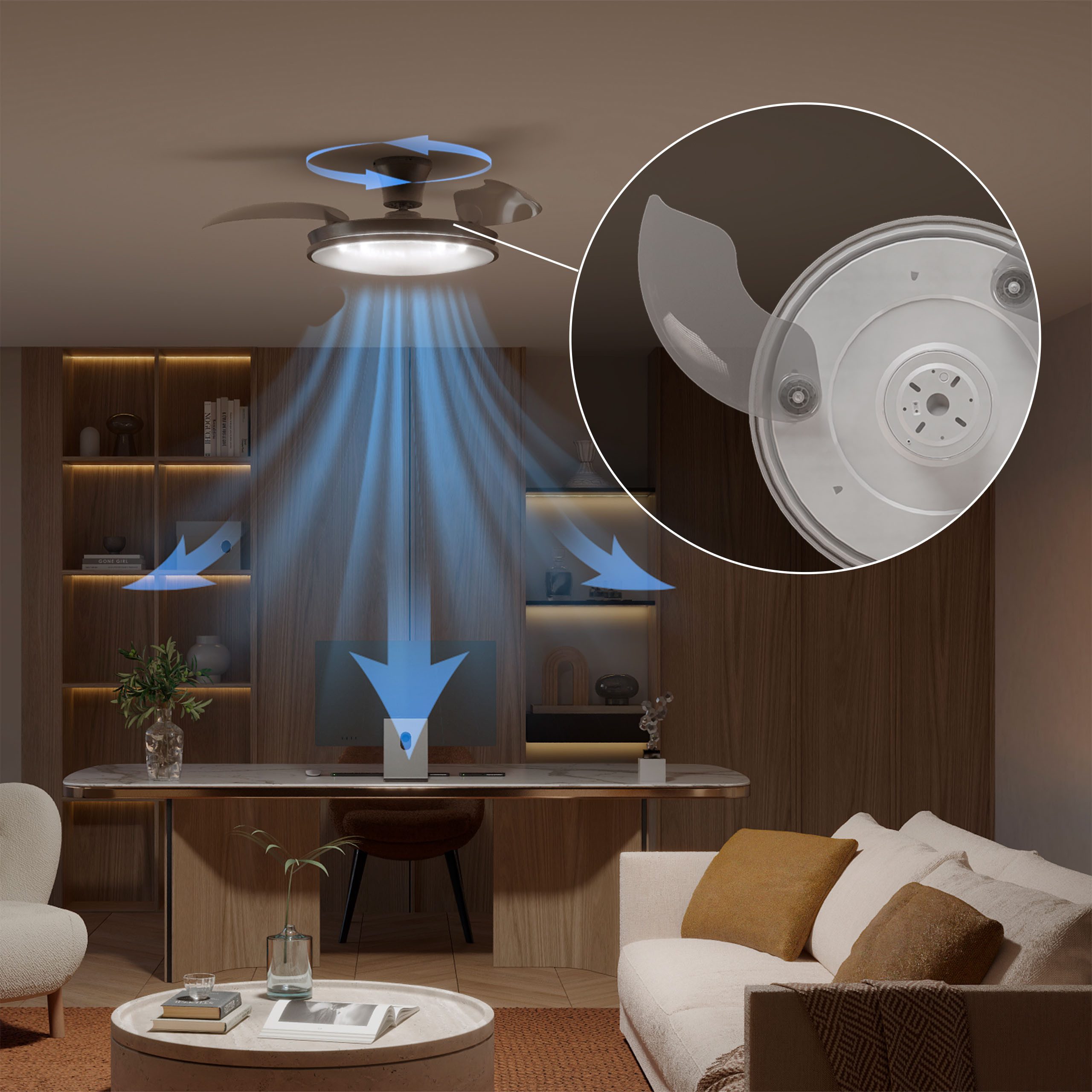 Philips LED Deckenleuchte Atlas 35W DC-Ventilator 28W, einziehbare Rotorblätter, nickel-grau, CCT - über Fernbedienung, Dimmer, Dimmfunktion, Ein-/Ausschalter, Farbsteuerung, Fernbedienung, Infrarot inkl., Memoryfunktion, Ventilatorfunktion, dimmbar über Fernbedienung, mehrere Helligkeitsstufen, LED fest integriert, warmweiß - kaltweiß, 2700-6500 Kelvin, dimmbar mit Fernbedienung, 4500 Lumen